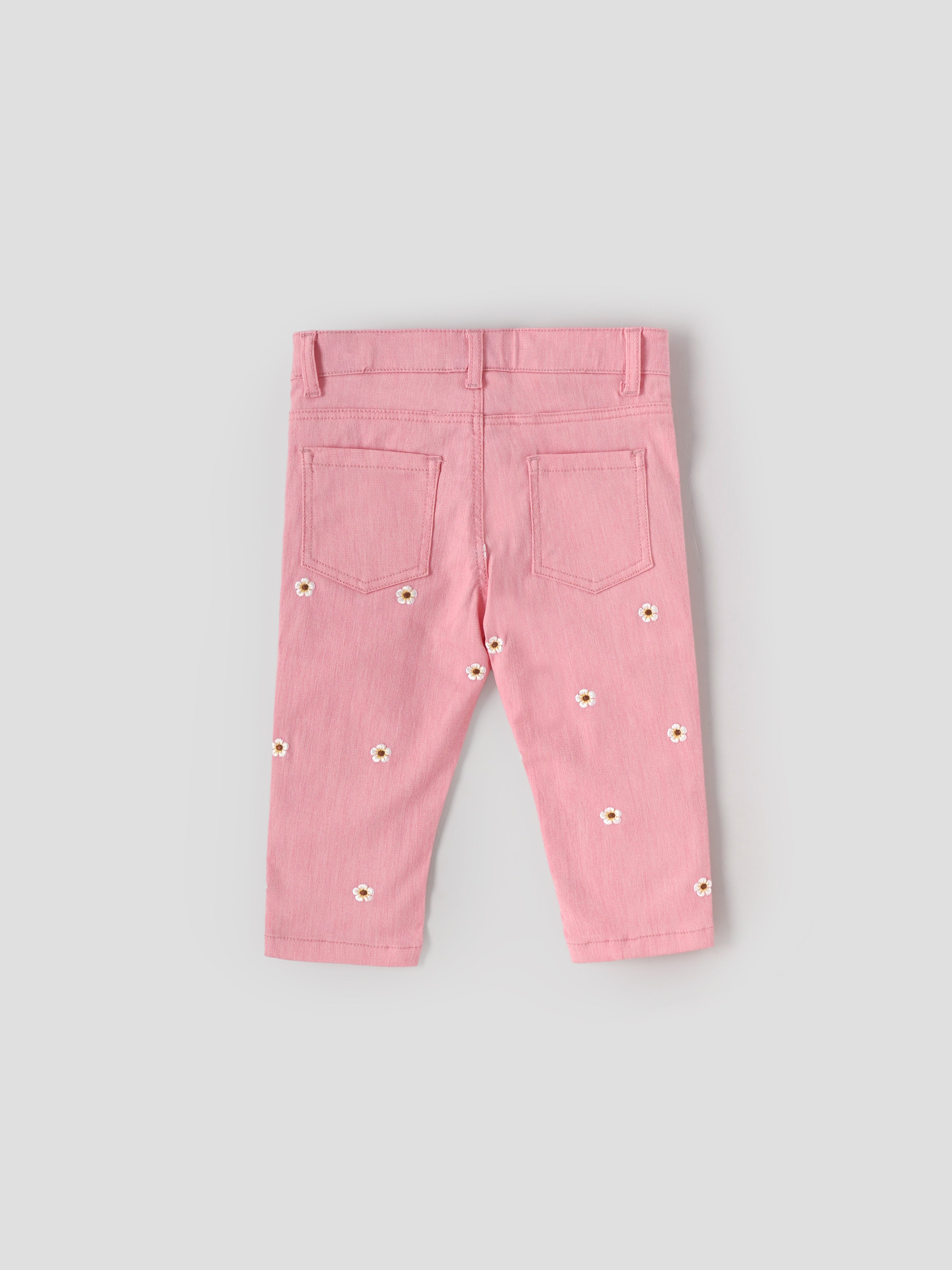 Popees Girls Floral Printed Pink Denim Pants with Button Closure| 1–8 Years