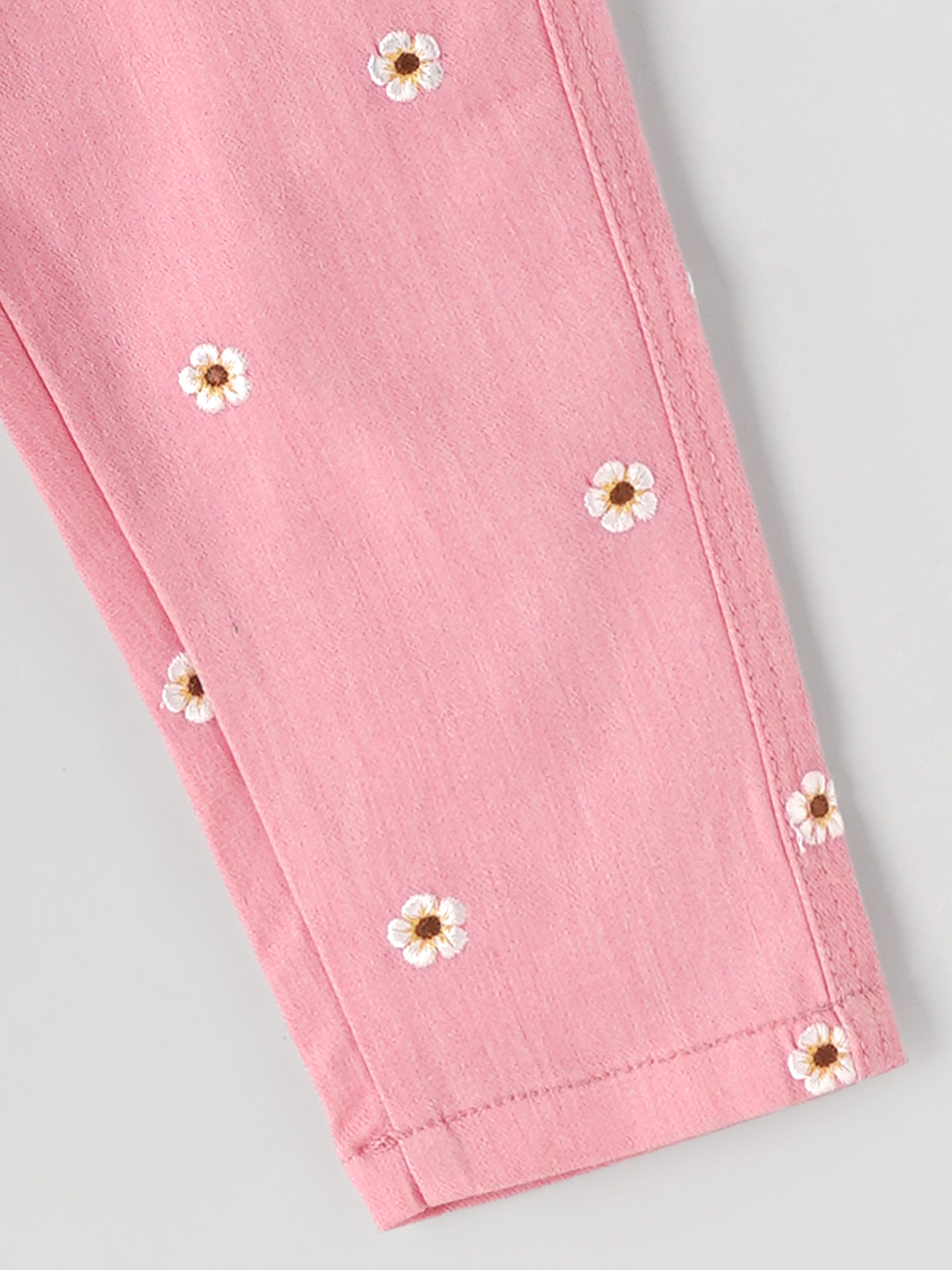 Popees Girls Floral Printed Pink Denim Pants with Button Closure| 1–8 Years