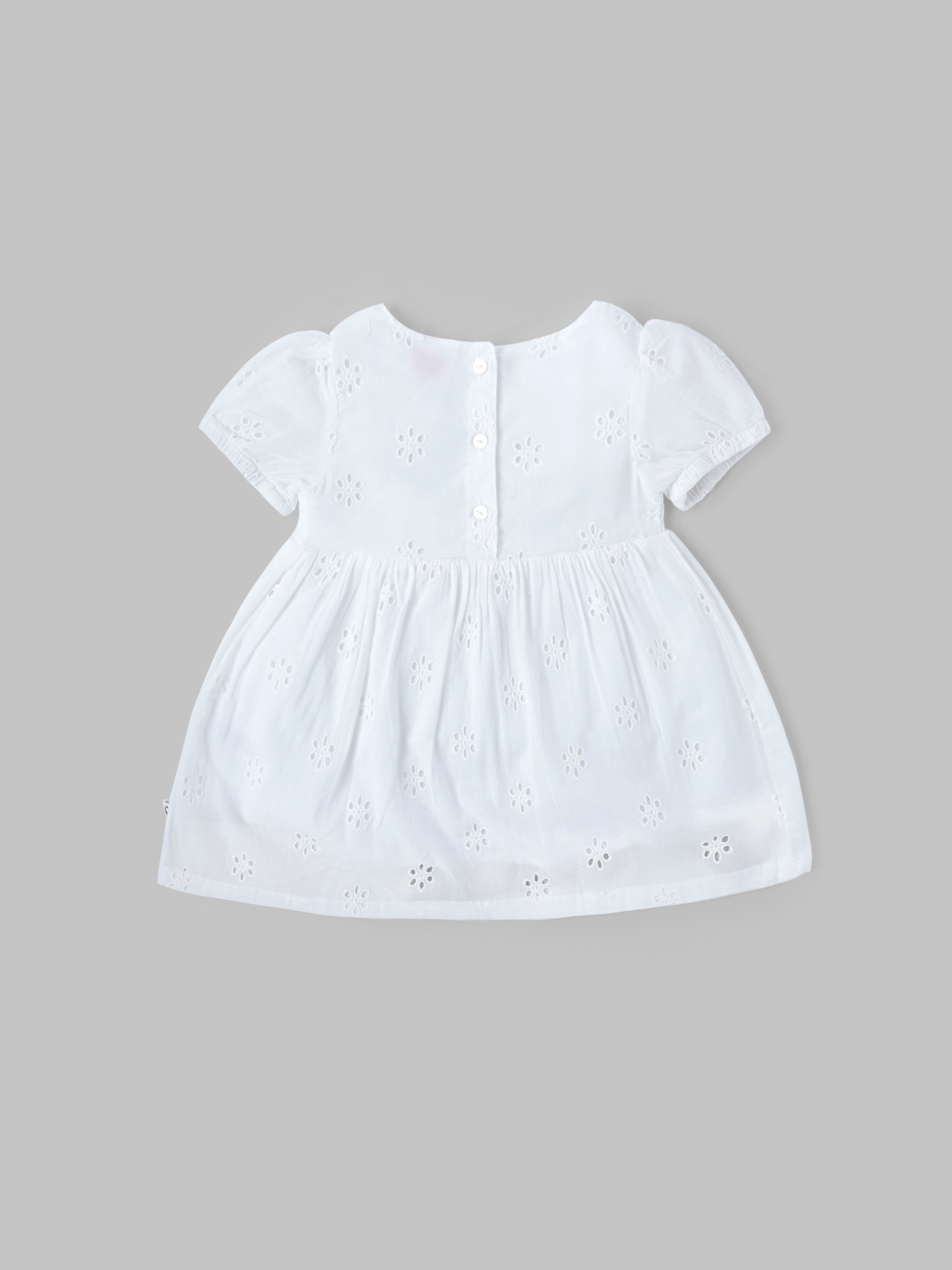 Popees Baby Girls Short Sleeve Cotton Dress with Bow| White| 3-36 Months