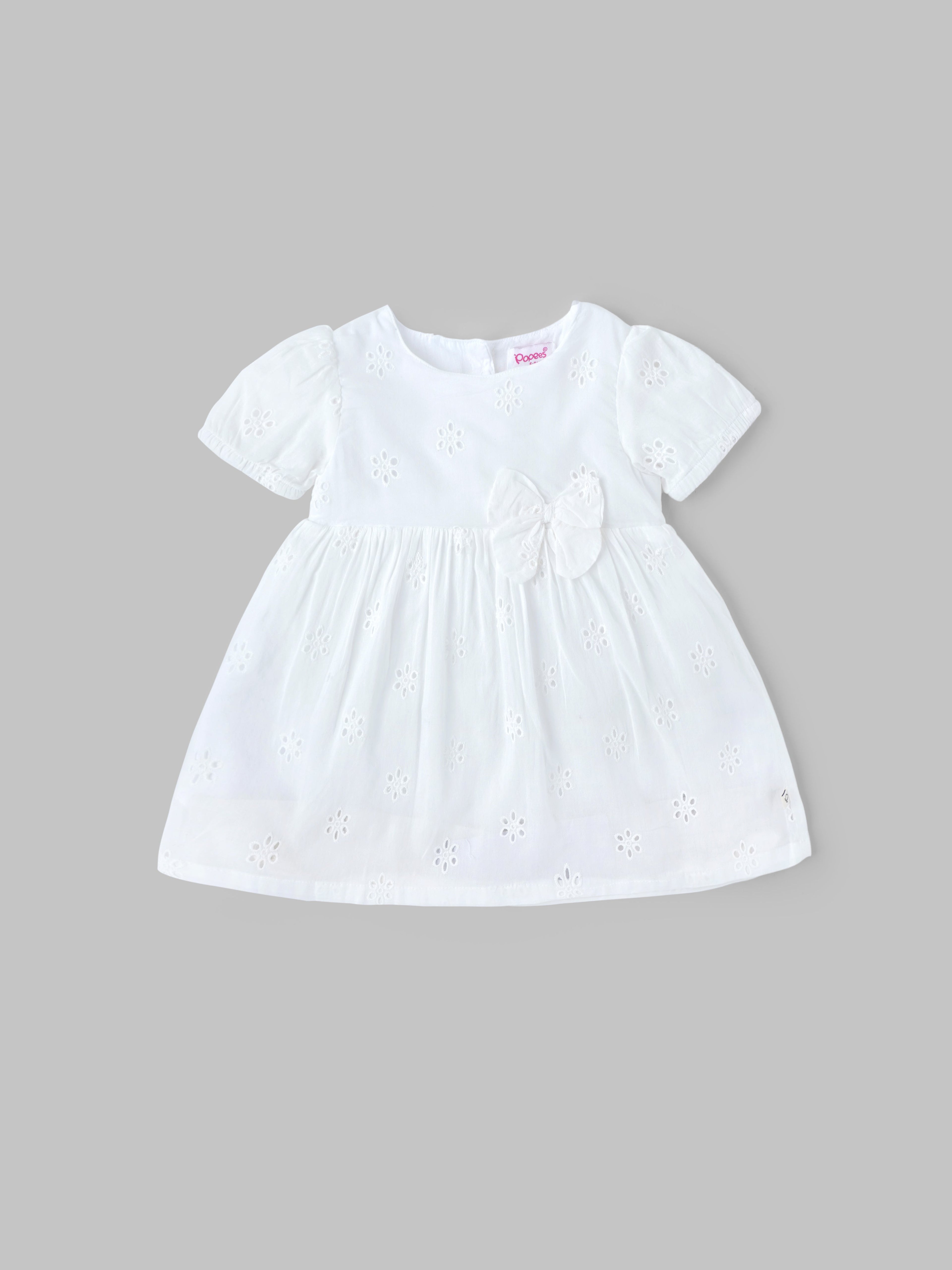 Popees Baby Girls Short Sleeve Cotton Dress with Bow| White| 3-36 Months