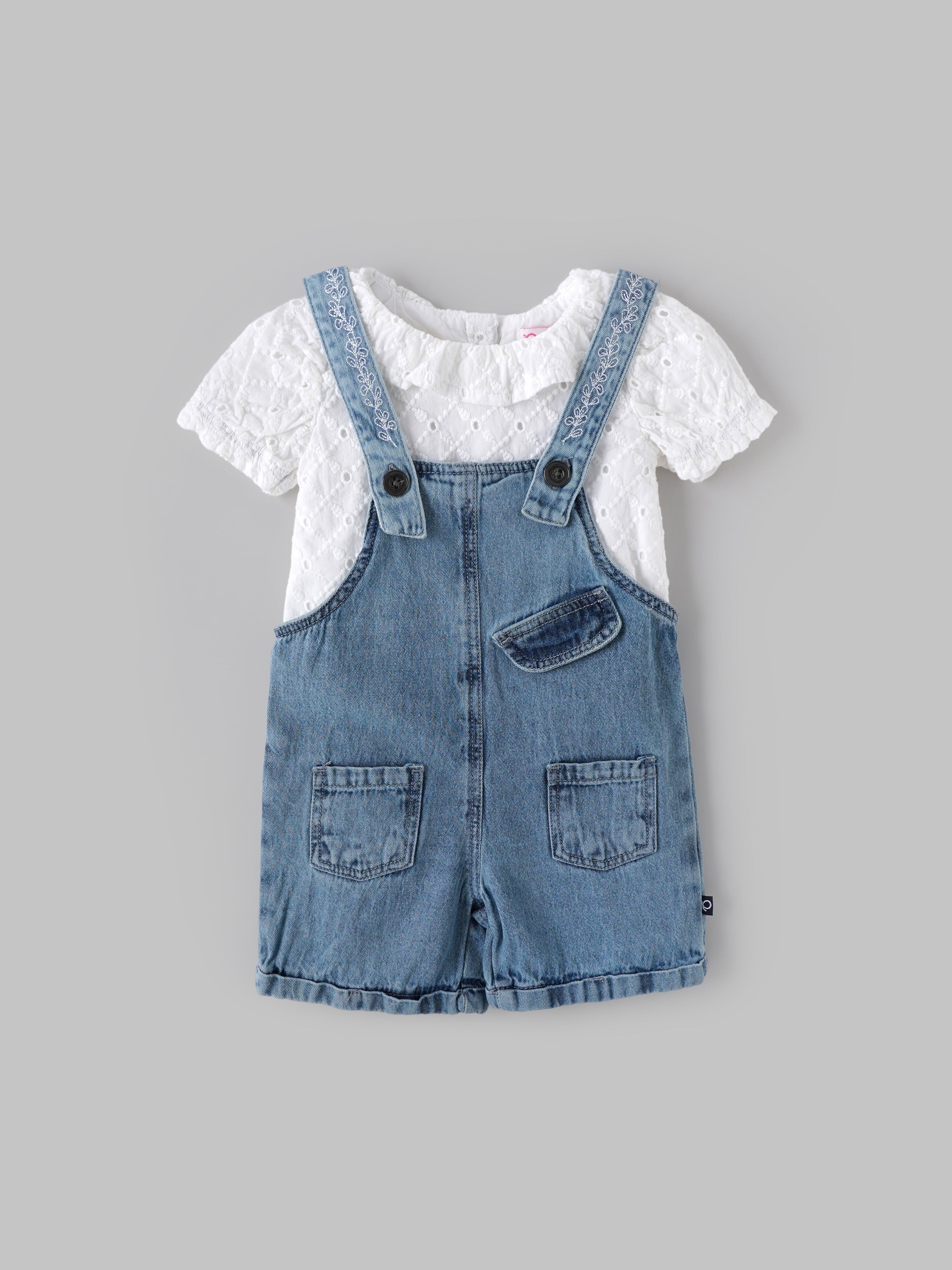 Popees Baby Girls Denim Dungaree Set with Cotton Frill Neck Top, 2-Piece Summer Outfit| Adjustable Strap Shorts Romper for Infants & Toddlers| 3–24 Months