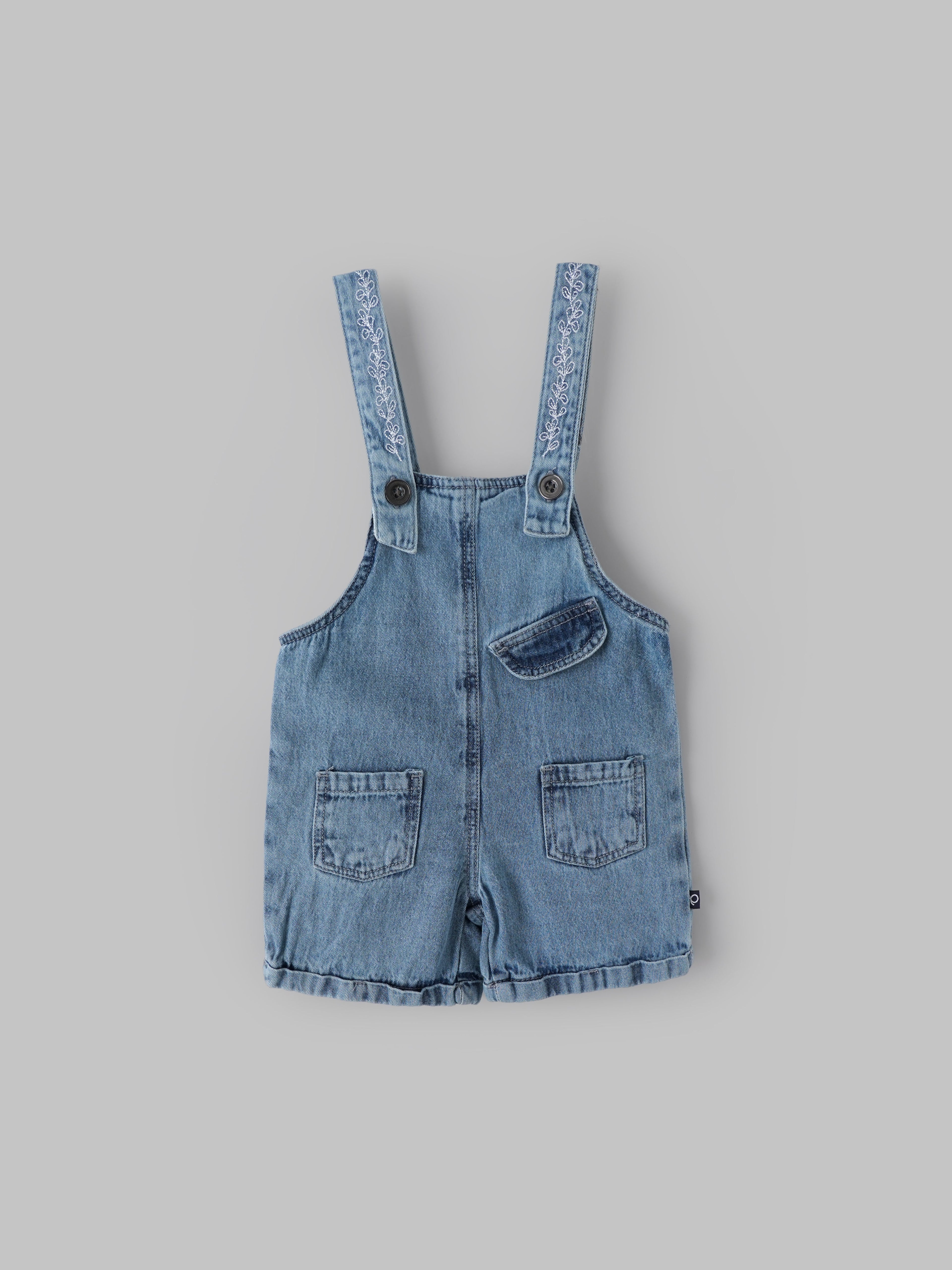 Popees Baby Girls Denim Dungaree Set with Cotton Frill Neck Top, 2-Piece Summer Outfit| Adjustable Strap Shorts Romper for Infants & Toddlers| 3–24 Months