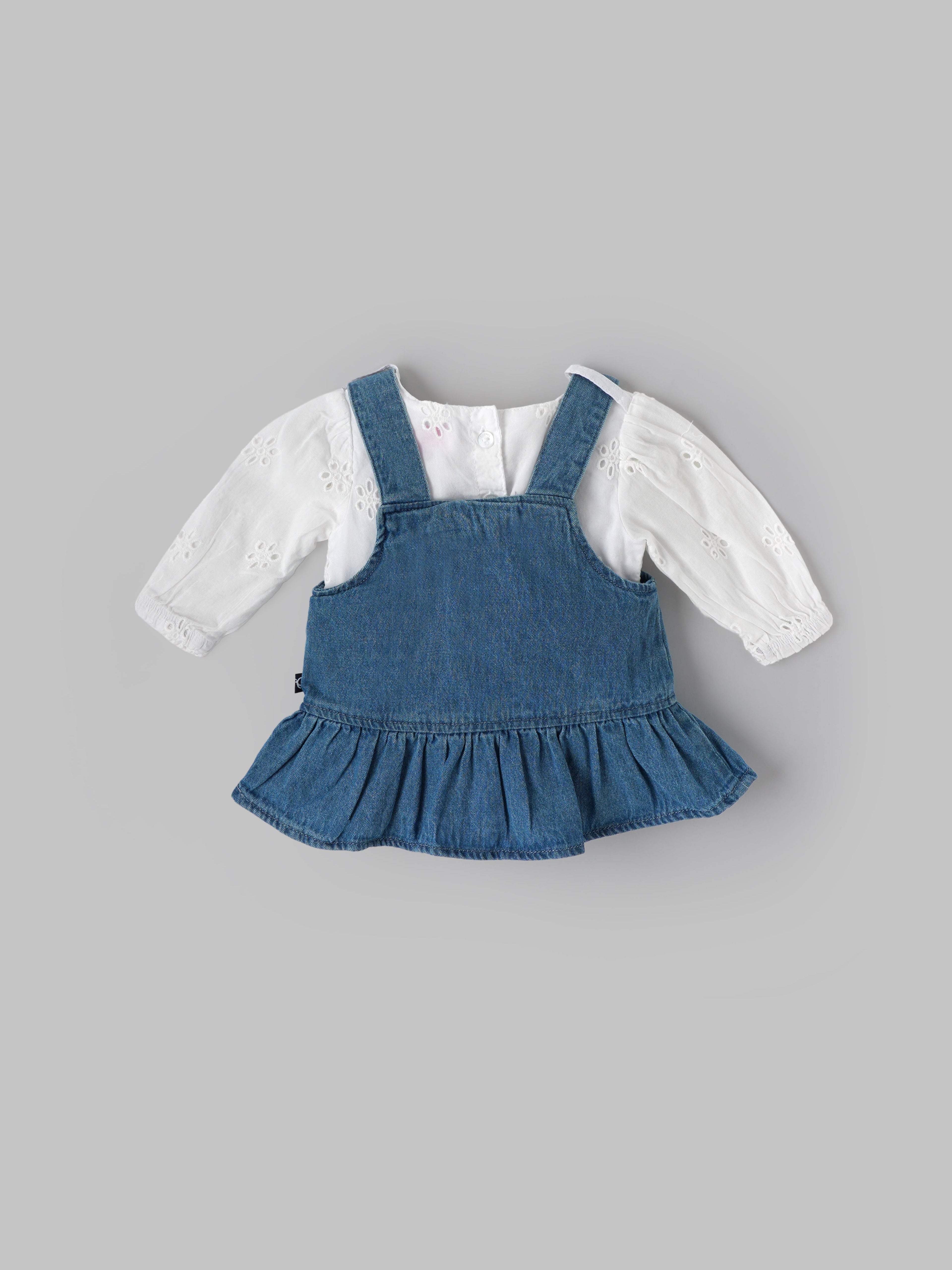Popees Baby Girls Denim Pinny Set with Cotton Top| Blue| Newborn To 9 Months
