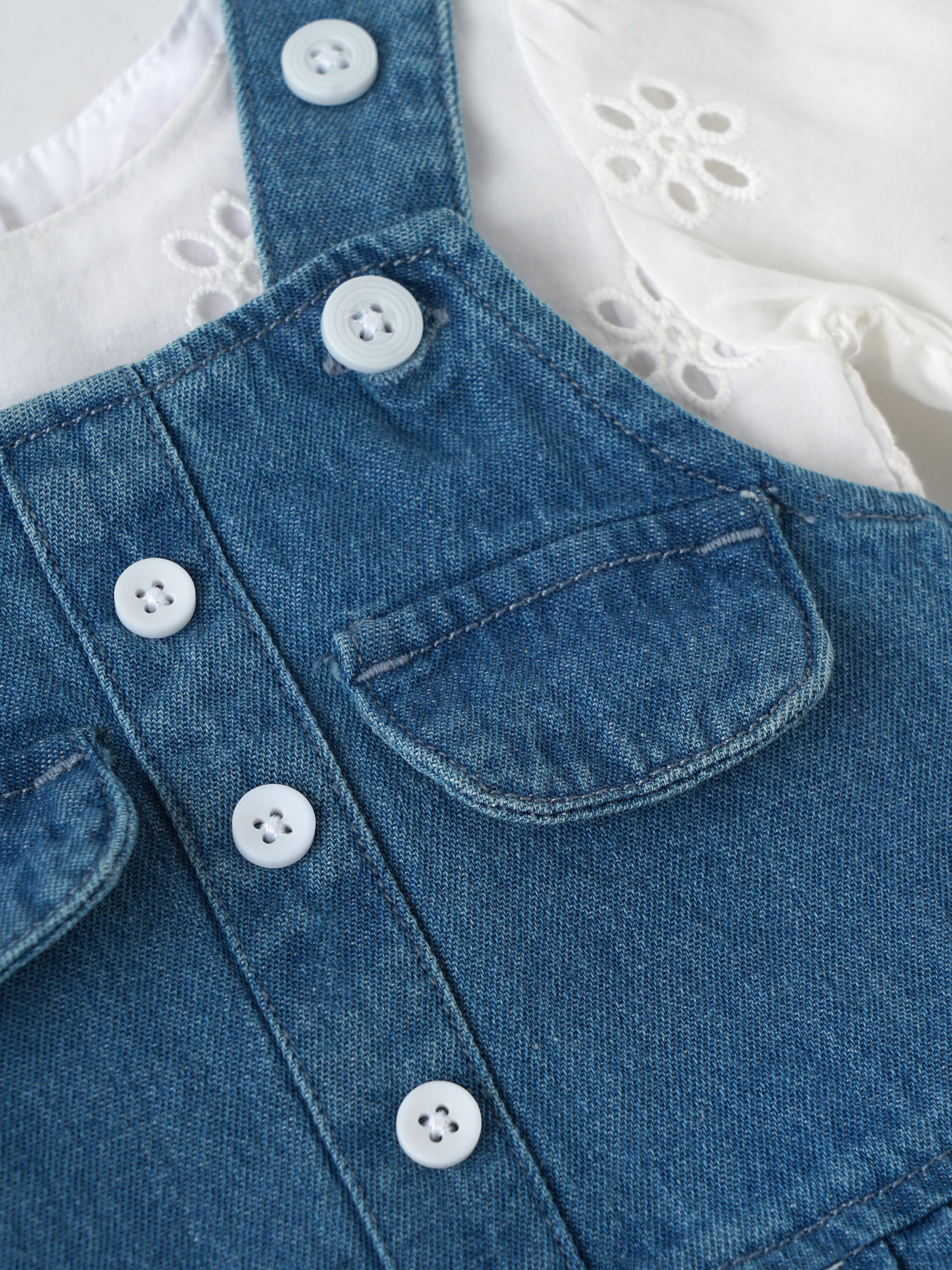 Popees Baby Girls Denim Pinny Set with Cotton Top| Blue| Newborn To 9 Months