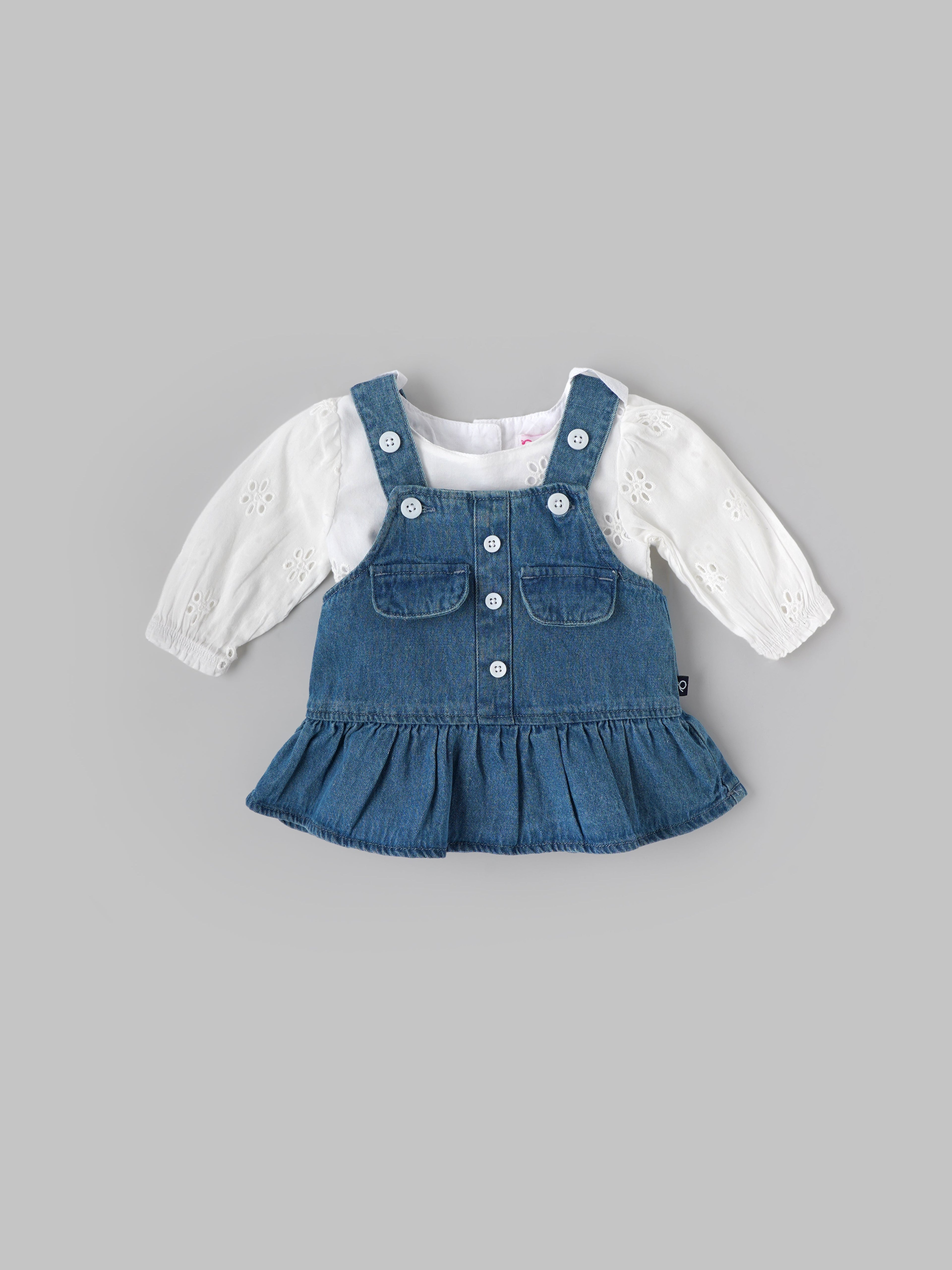 Popees Baby Girls Denim Pinny Set with Cotton Top| Blue| Newborn To 9 Months
