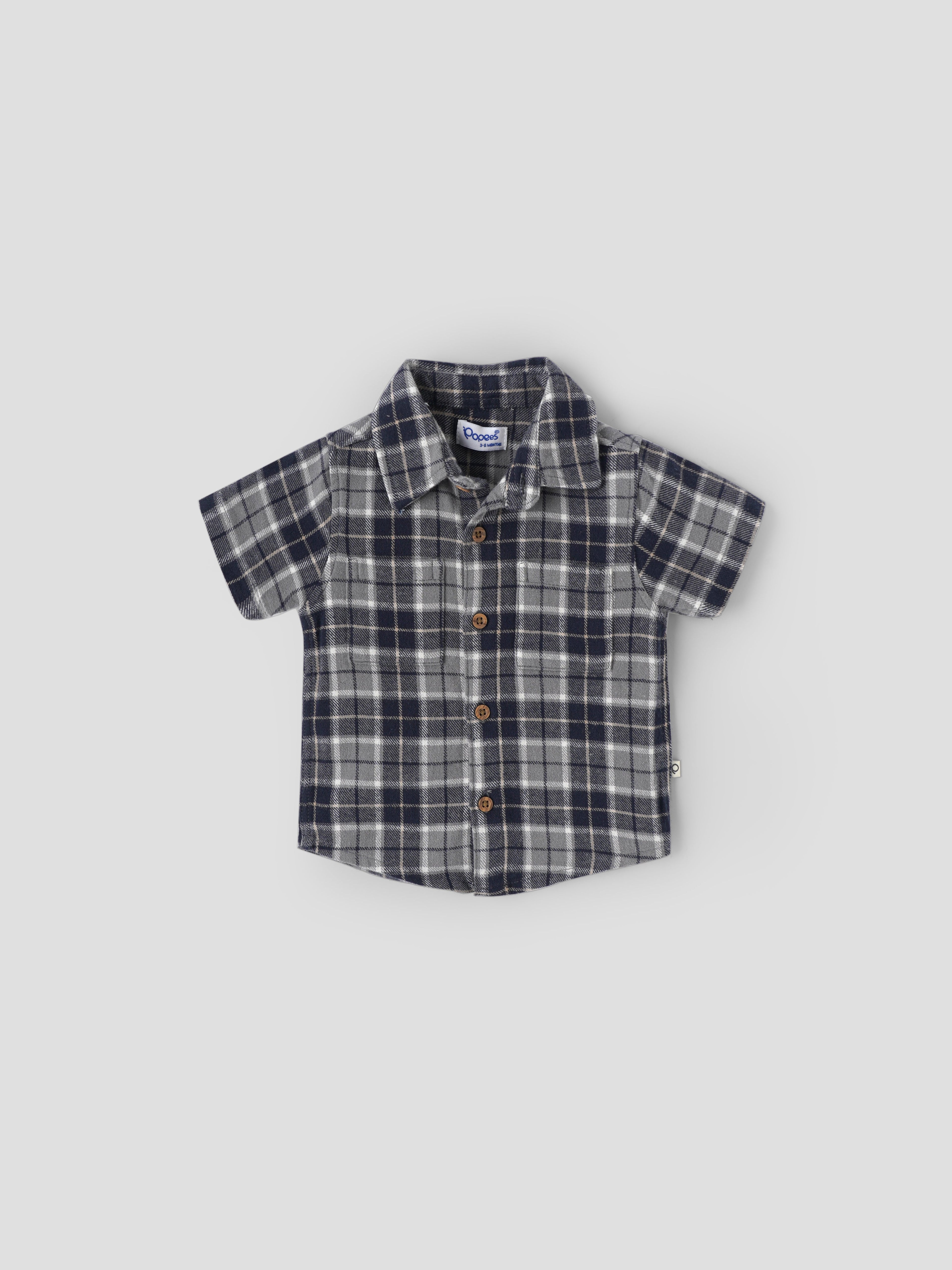 Popees Baby Boys Short Sleeve Cotton Shirt| Grey & Navy| 3-24 Months