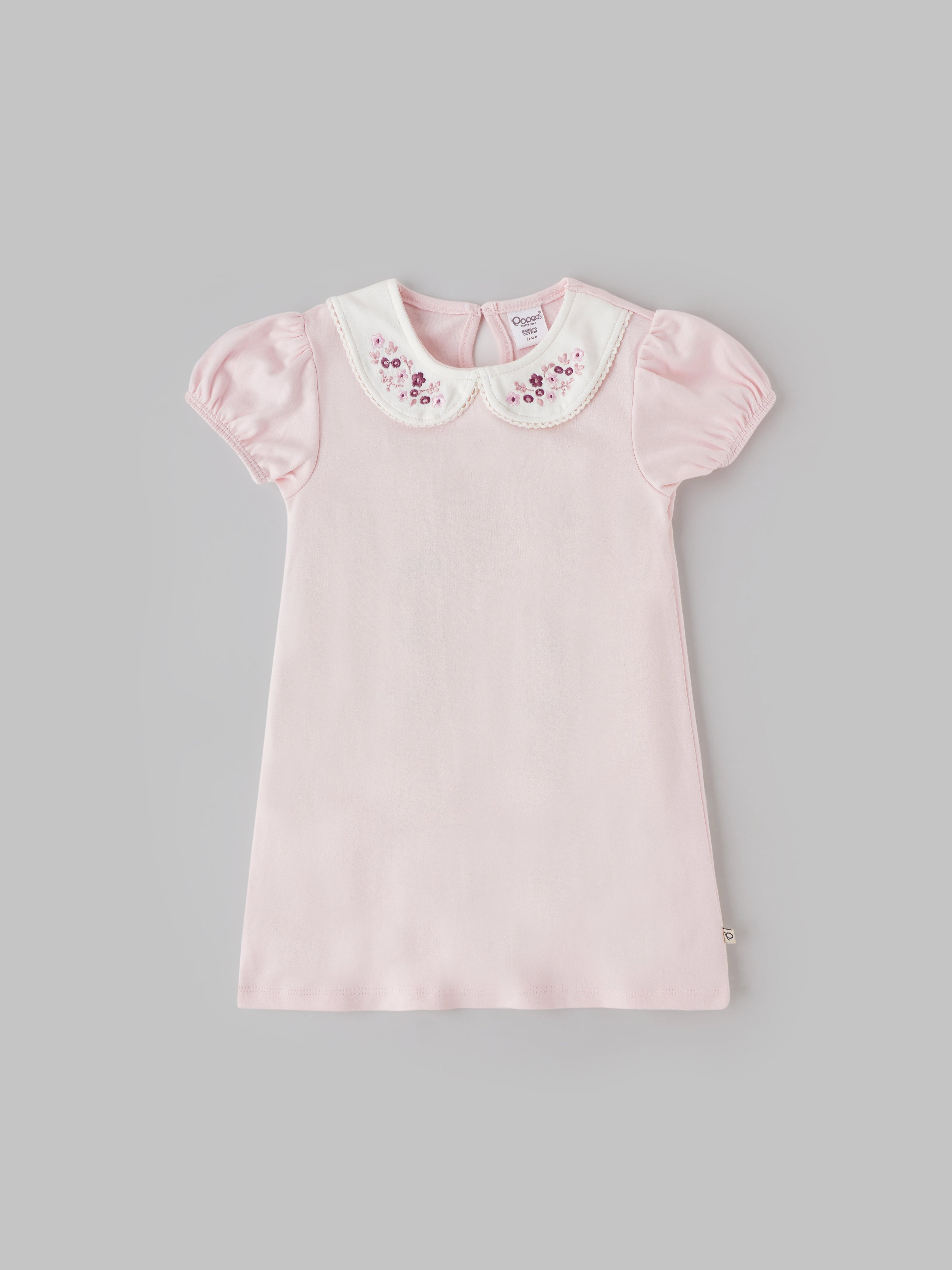 Popees Soft Pink Dress Floral Embroidered Collar, Puff Sleeves, Pure Cotton (3–36 Months) for Baby Girls