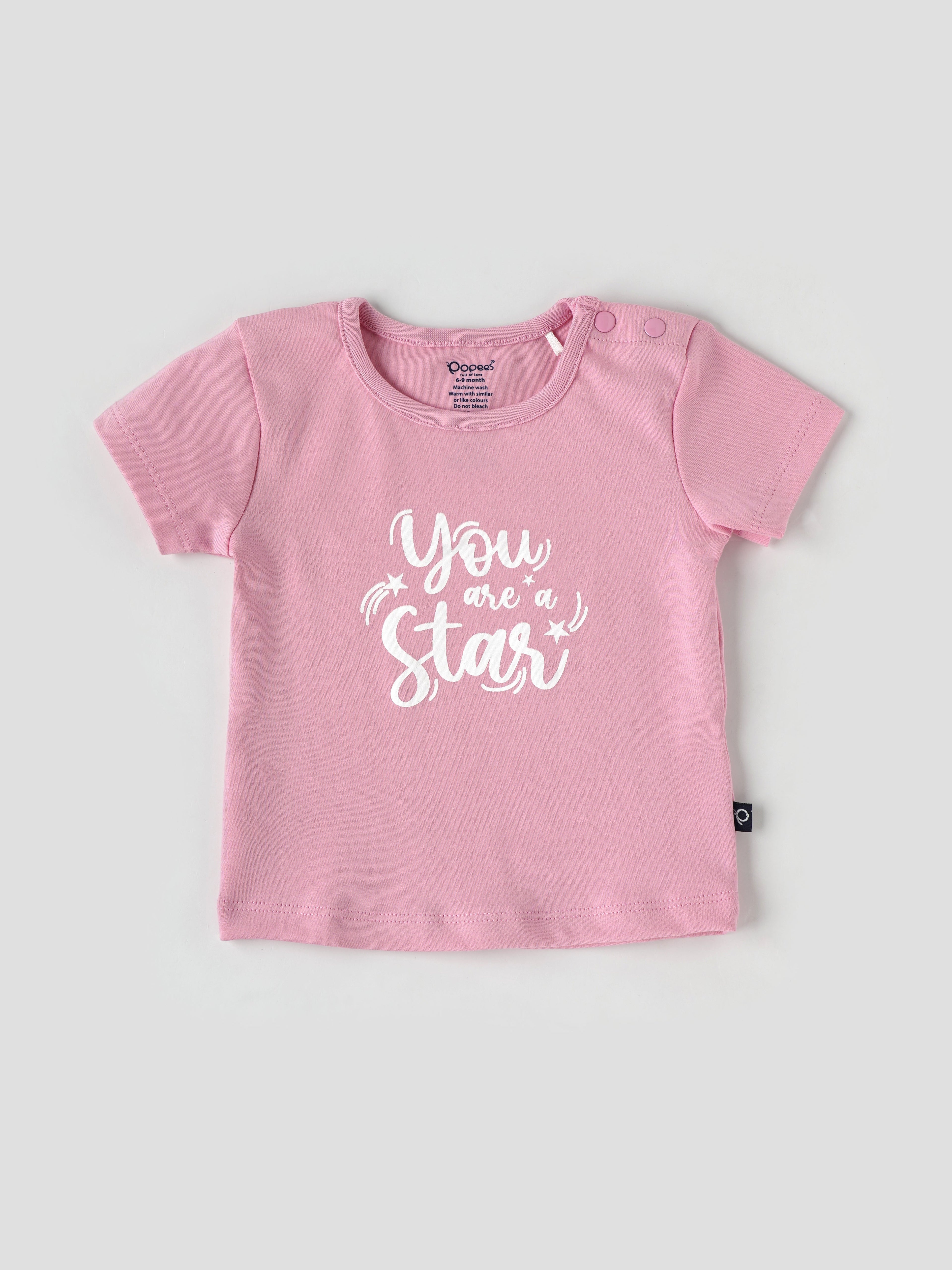 Popees Half Sleeve Shoulder Open (3–36 Months) Chest Printed Top for Baby Girls