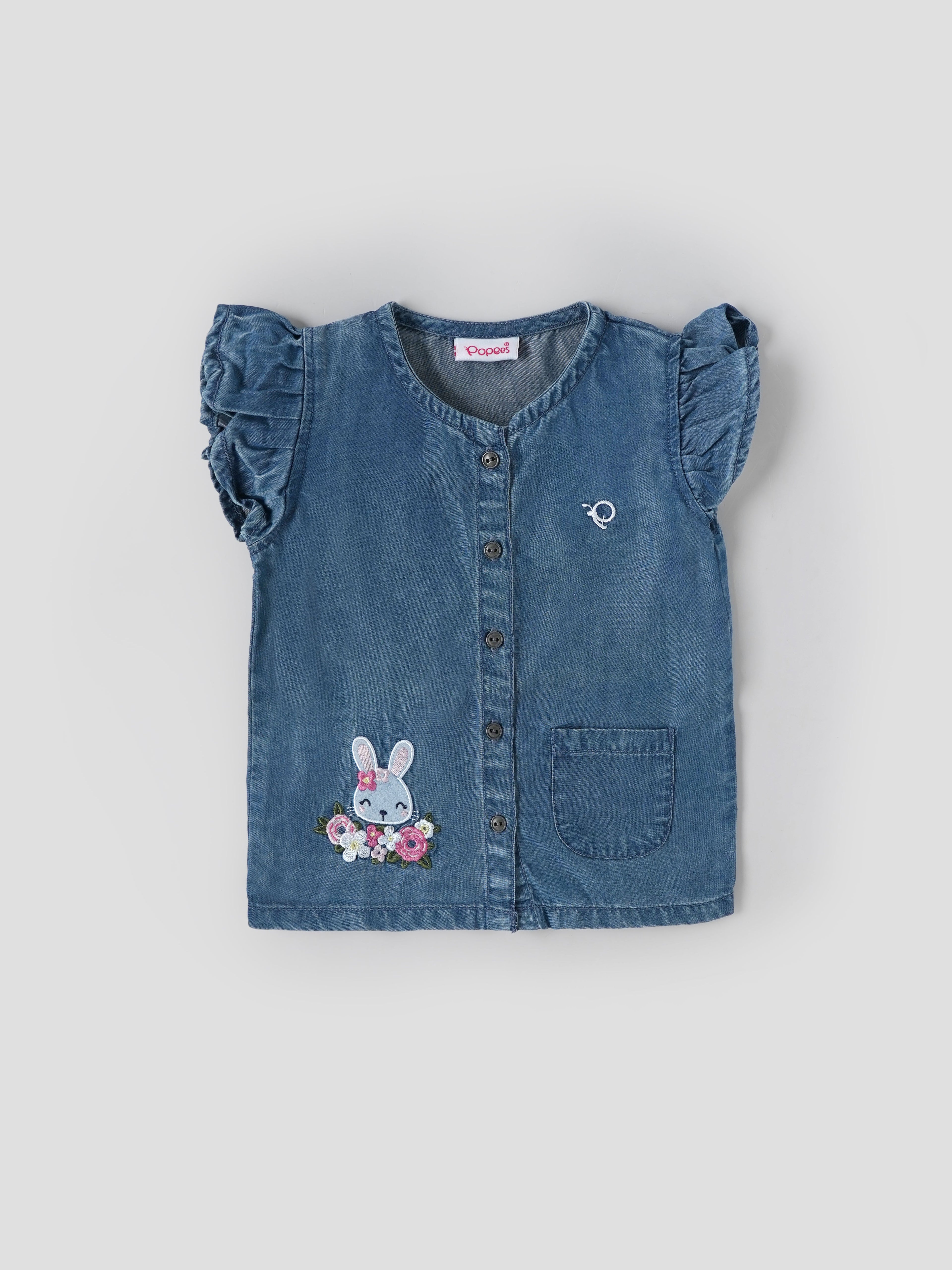 Popees Baby Girls Denim Top with Ruffle Sleeves & Bunny Embroidery| 3–36 Months