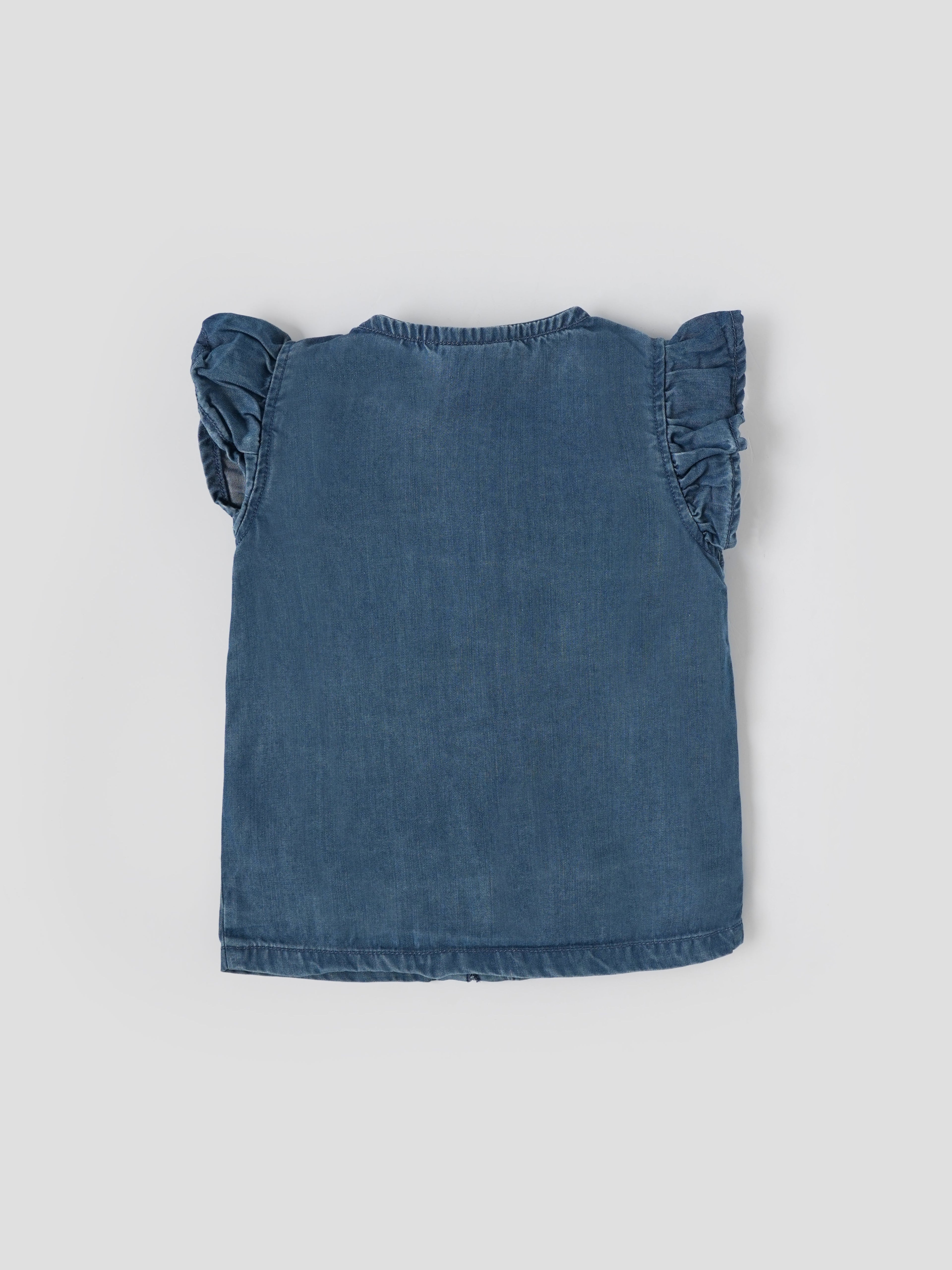 Popees Baby Girls Denim Top with Ruffle Sleeves & Bunny Embroidery| 3–36 Months