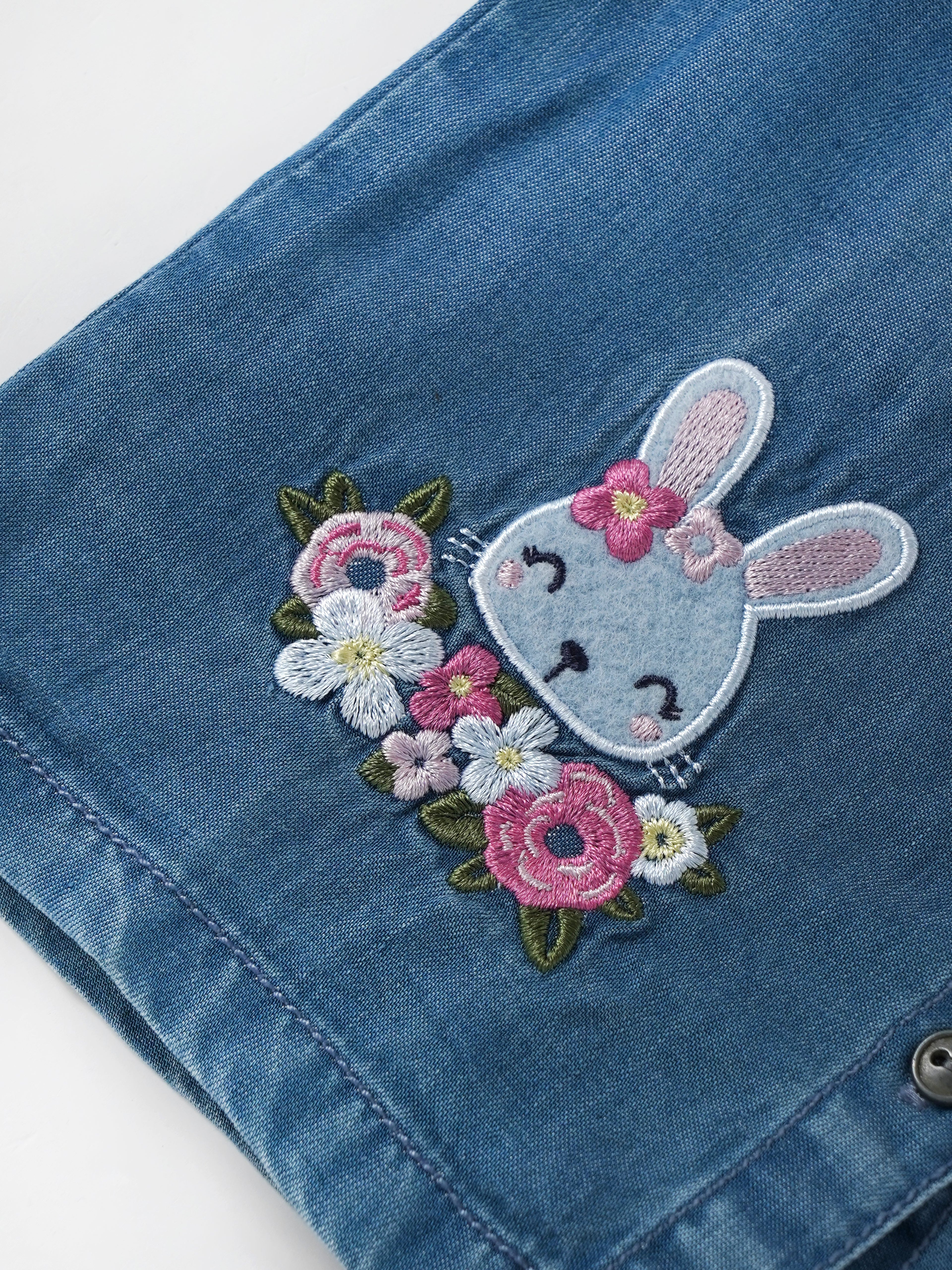 Popees Baby Girls Denim Top with Ruffle Sleeves & Bunny Embroidery| 3–36 Months