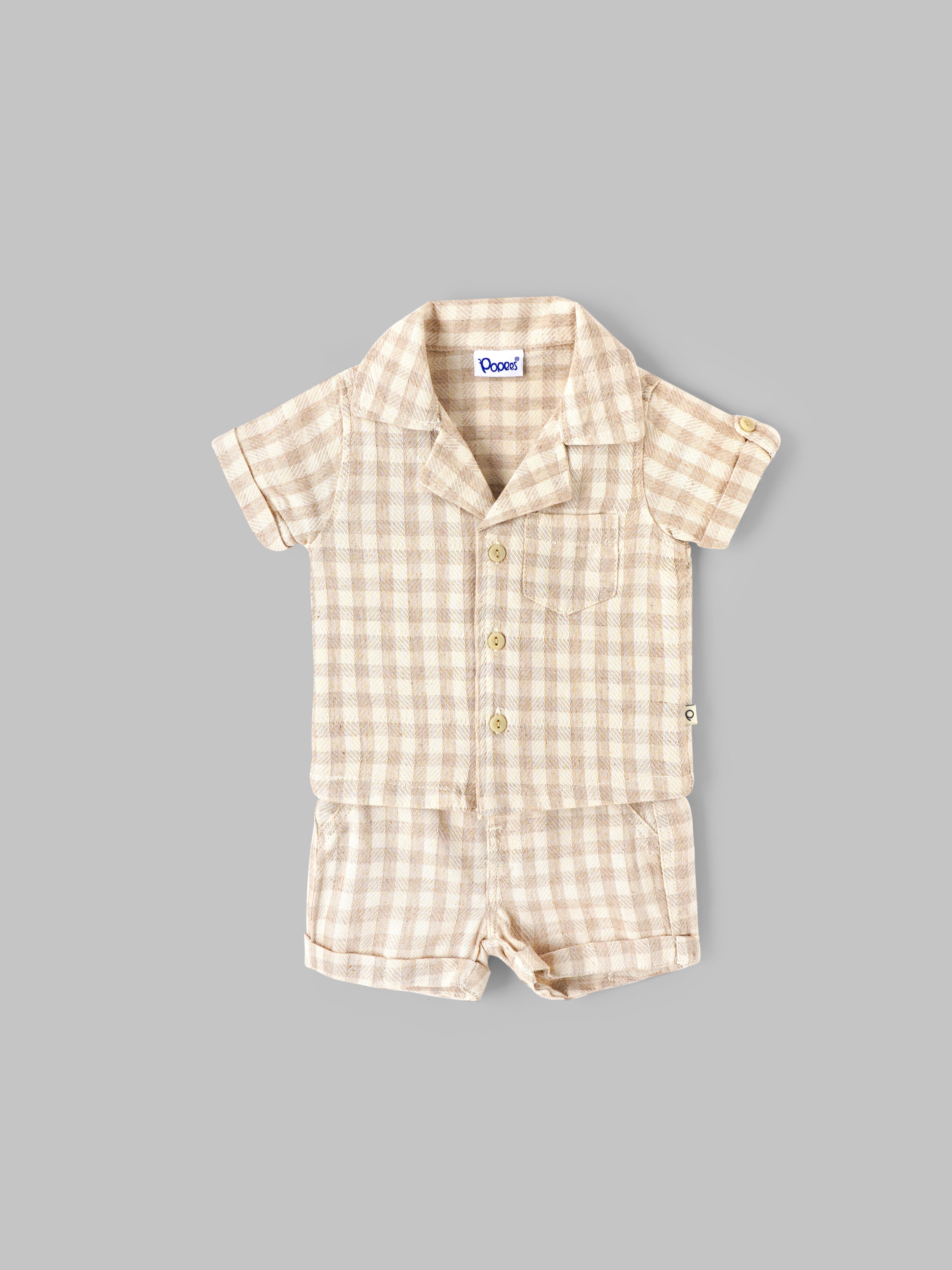 Popees Baby Boys Cotton Check Shirt & Shorts Set| Beige| Newborn To 9 Months