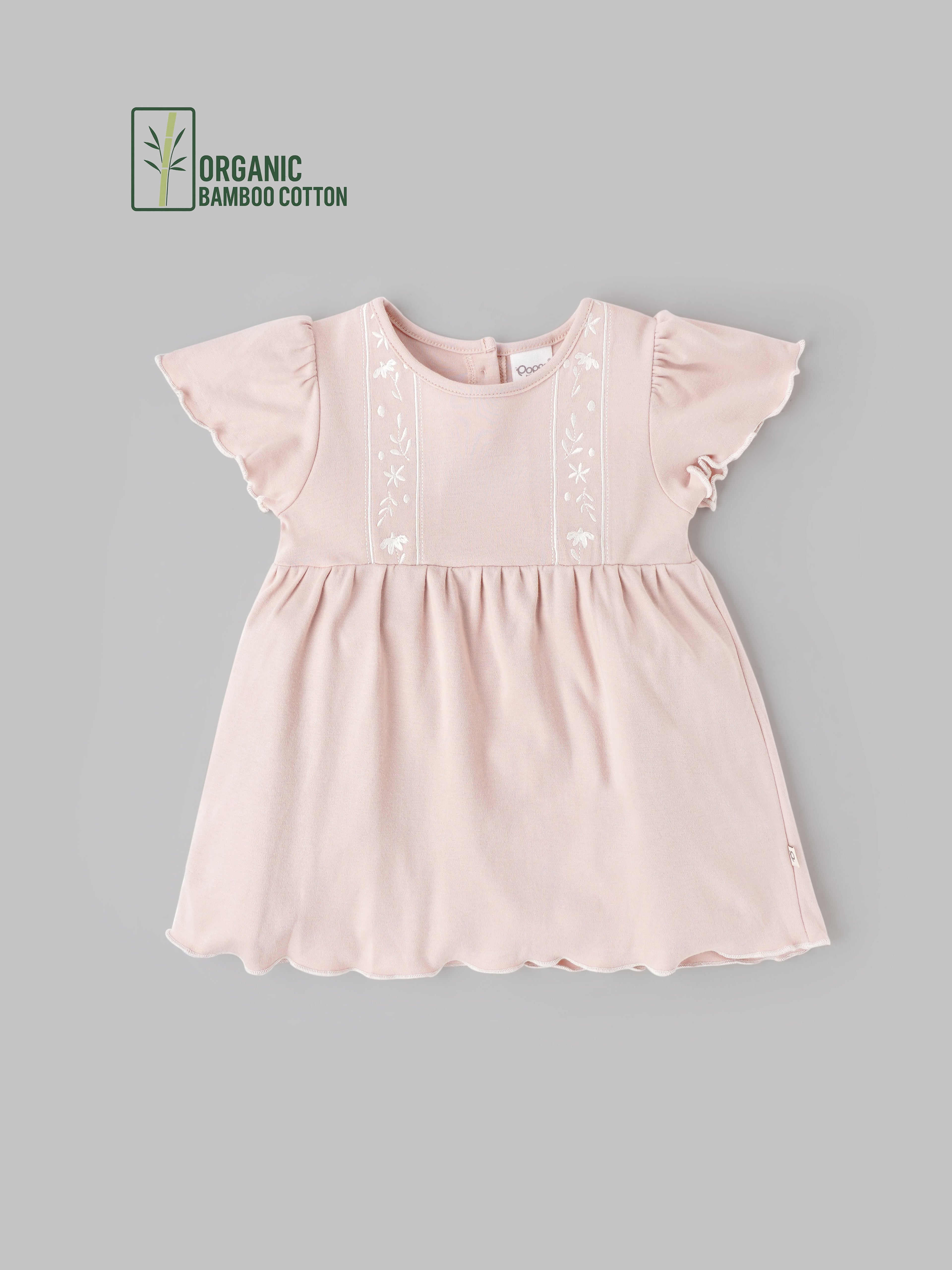 Popees Short-Sleeve Back Open Dress Made of Organic Bamboo Cotton Fabric (0-9 Months) for Baby Girls