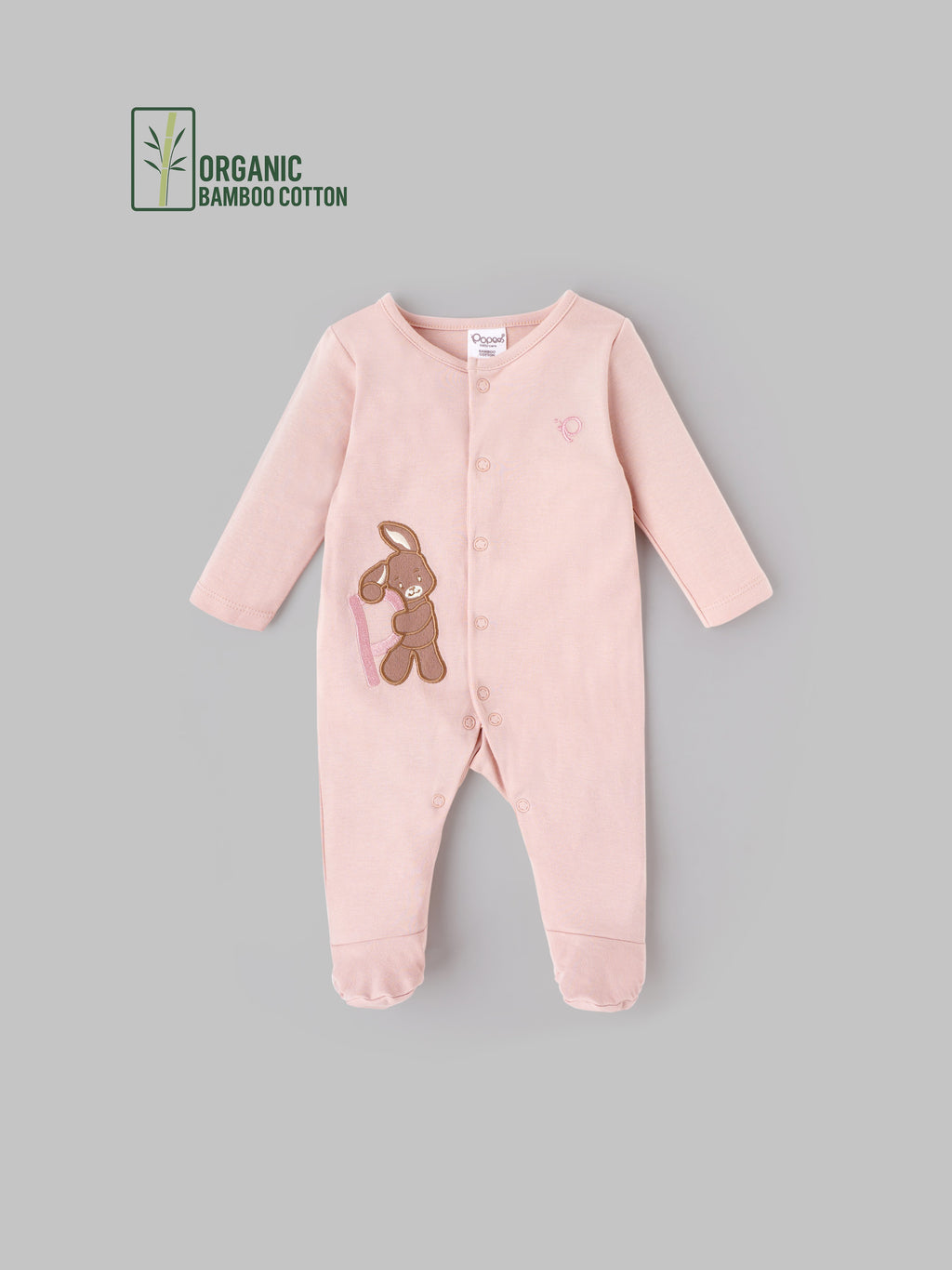 Popees Embroidered Unisex Full-Sleeve Front Open Sleepsuit (0-6 Months) Made of Organic Bamboo Cotton Fabric