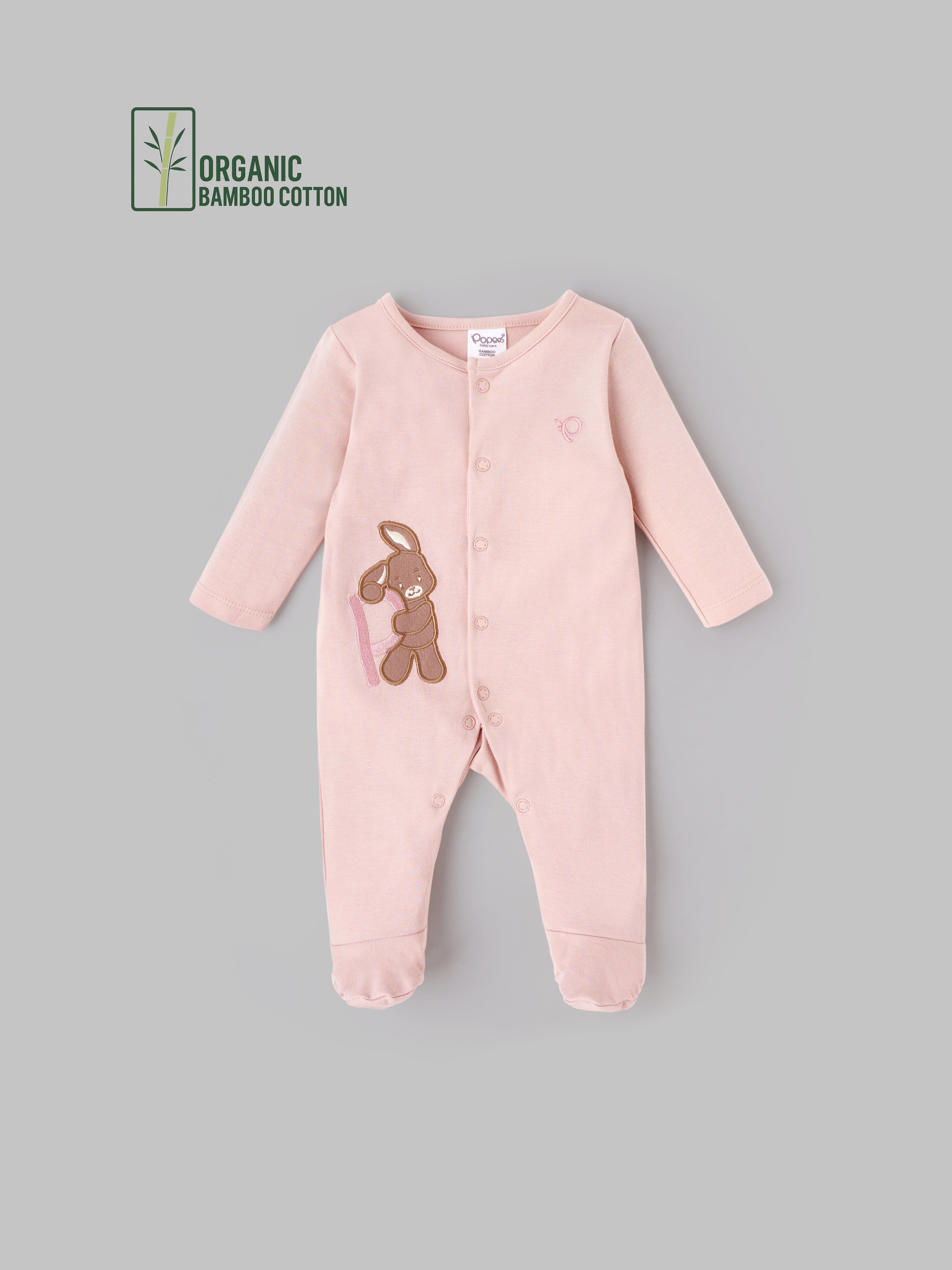 Popees Embroidered Unisex Full-Sleeve Front Open Sleepsuit (0-6 Months) Made of Organic Bamboo Cotton Fabric