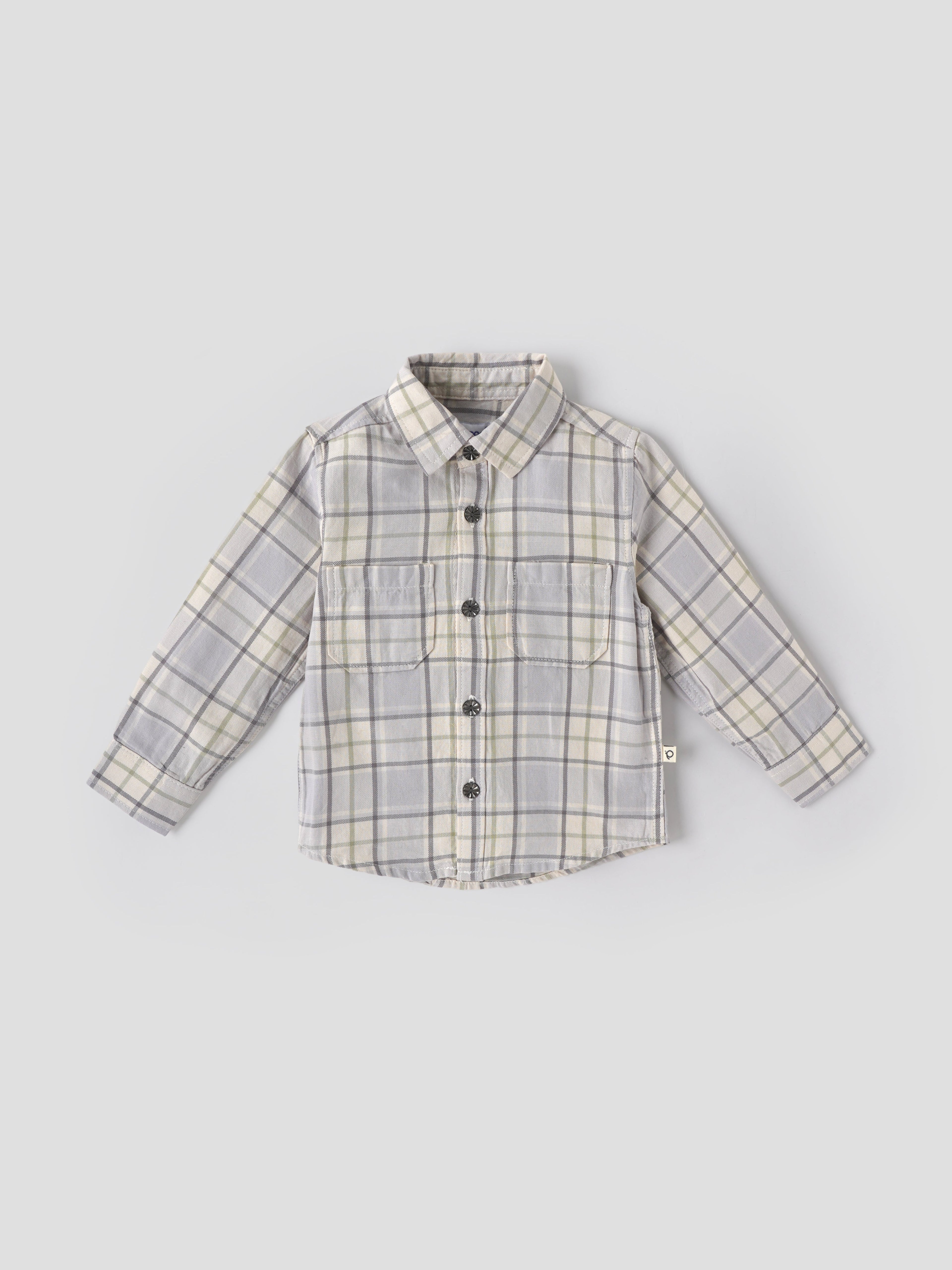 Baby Boys Checked Full Sleeve Cotton Shirt with Front Pocket| Grey| 9 Months to 4 Years
