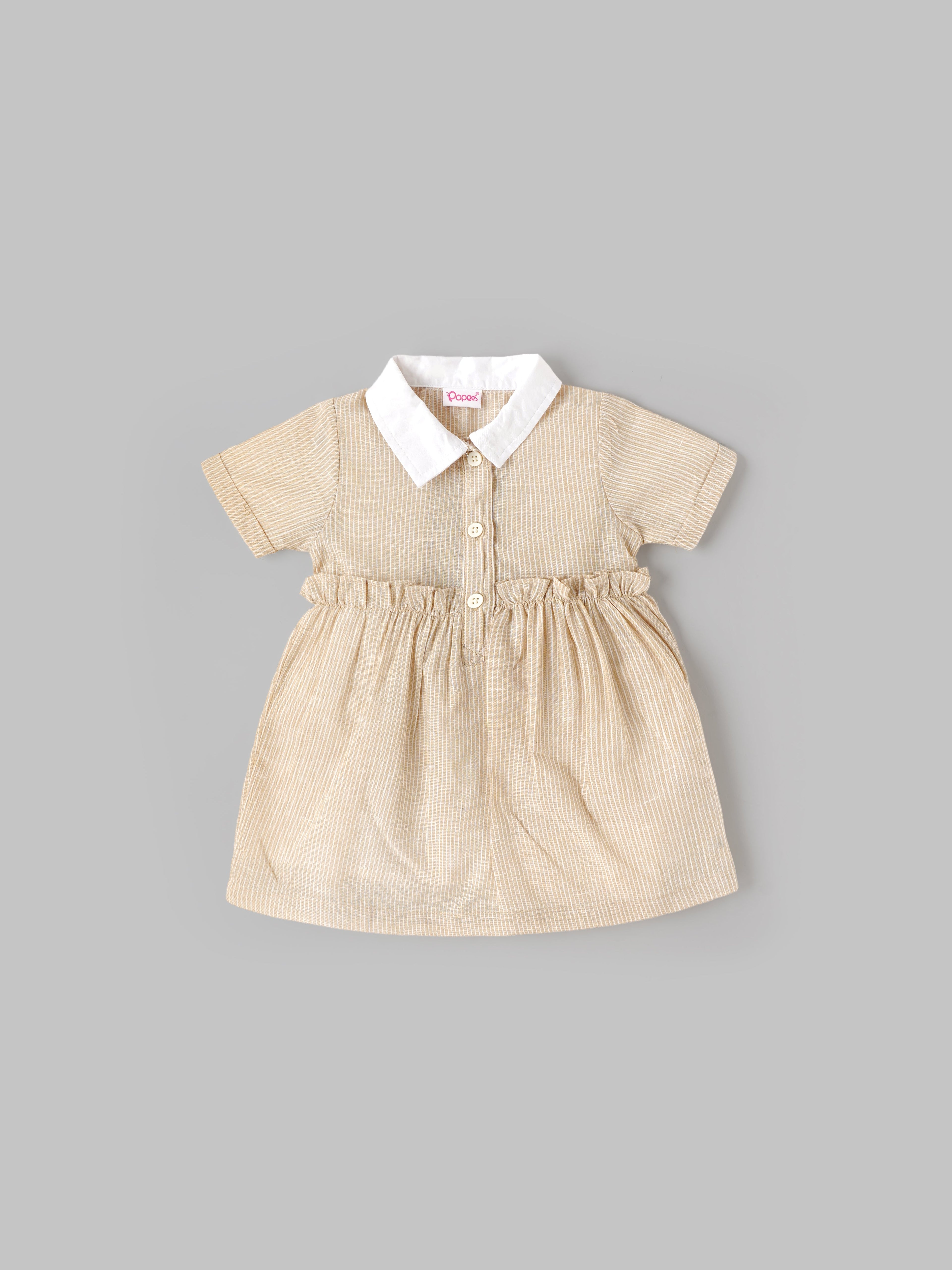 Popees Baby Girls Short Sleeve Cotton Dress| Beige| 9 Months To 4 Years
