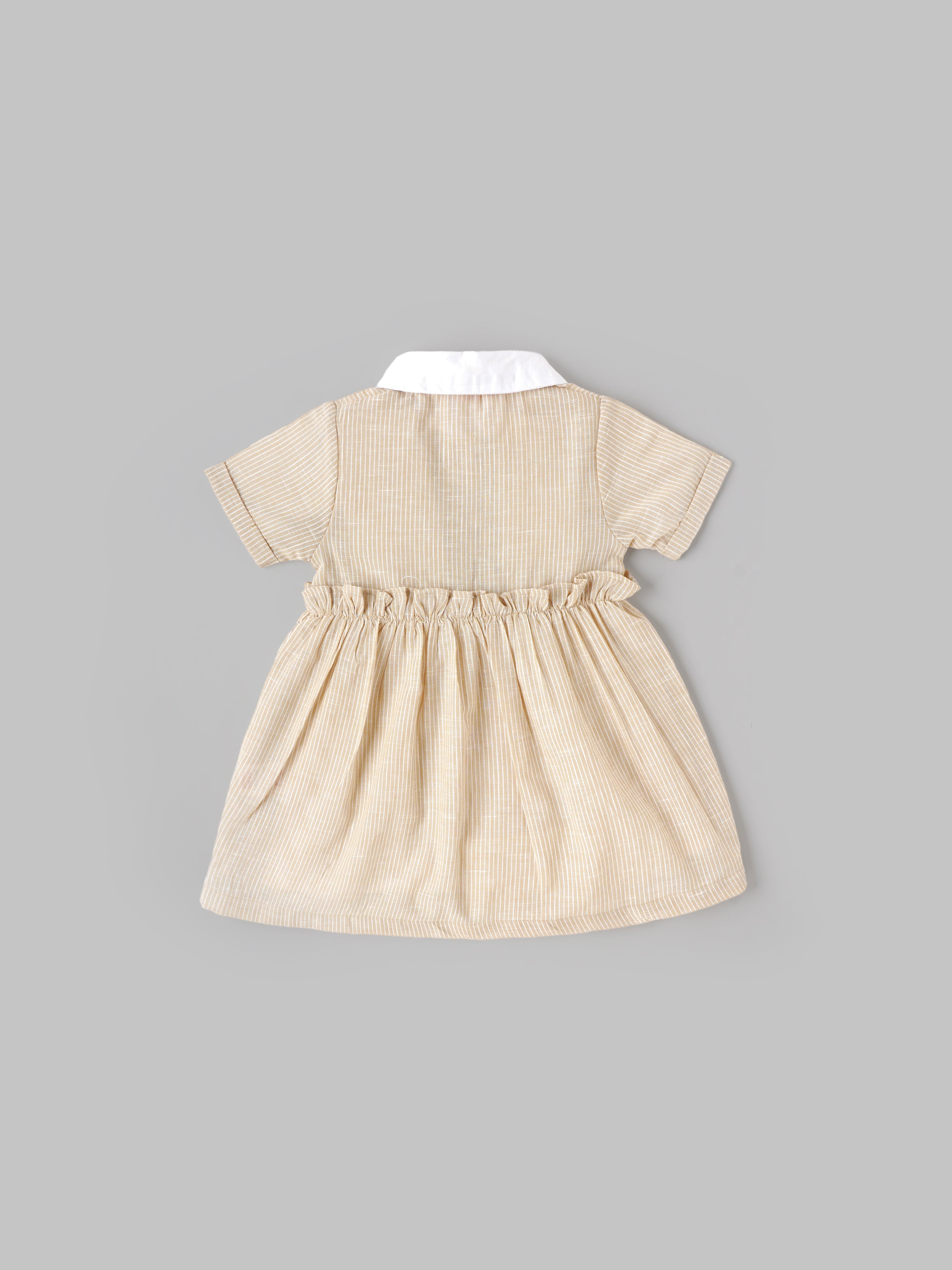 Popees Baby Girls Short Sleeve Cotton Dress| Beige| 9 Months To 4 Years