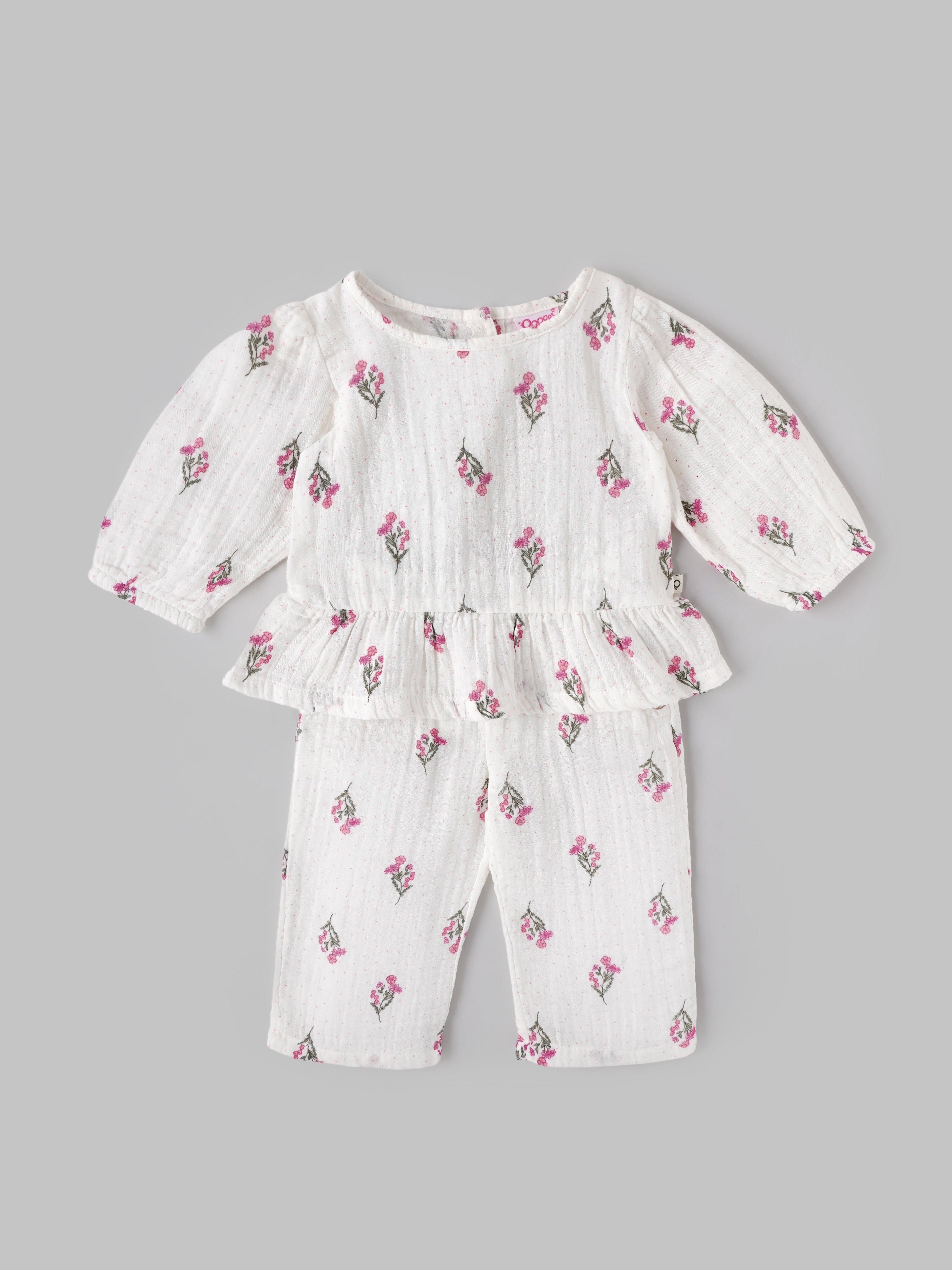 Popees Baby Girls Cotton Floral Top & Bottom Set| Full Sleeve Ruffle Outfit (9M–4Y)