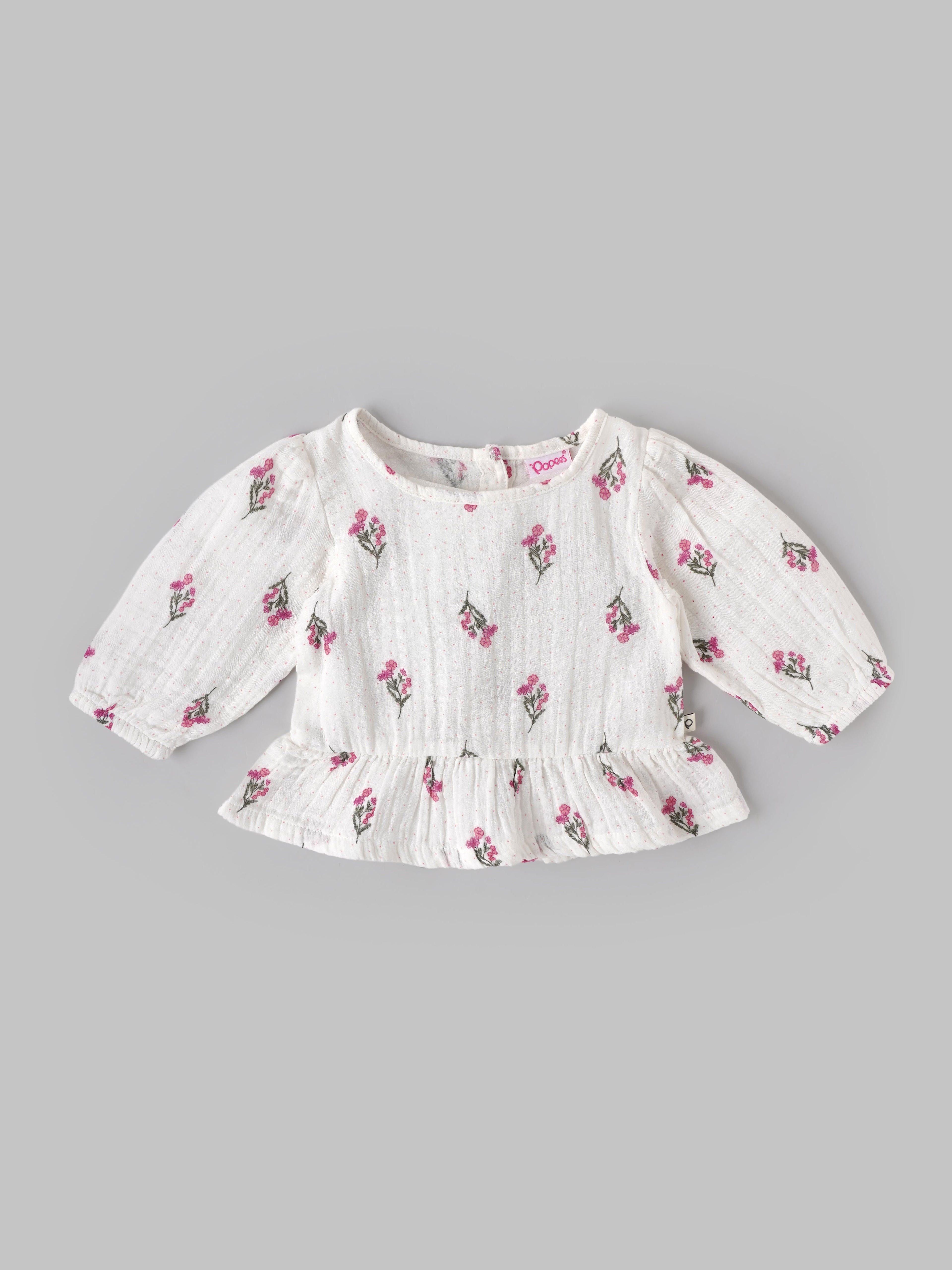 Popees Baby Girls Cotton Floral Top & Bottom Set| Full Sleeve Ruffle Outfit (9M–4Y)