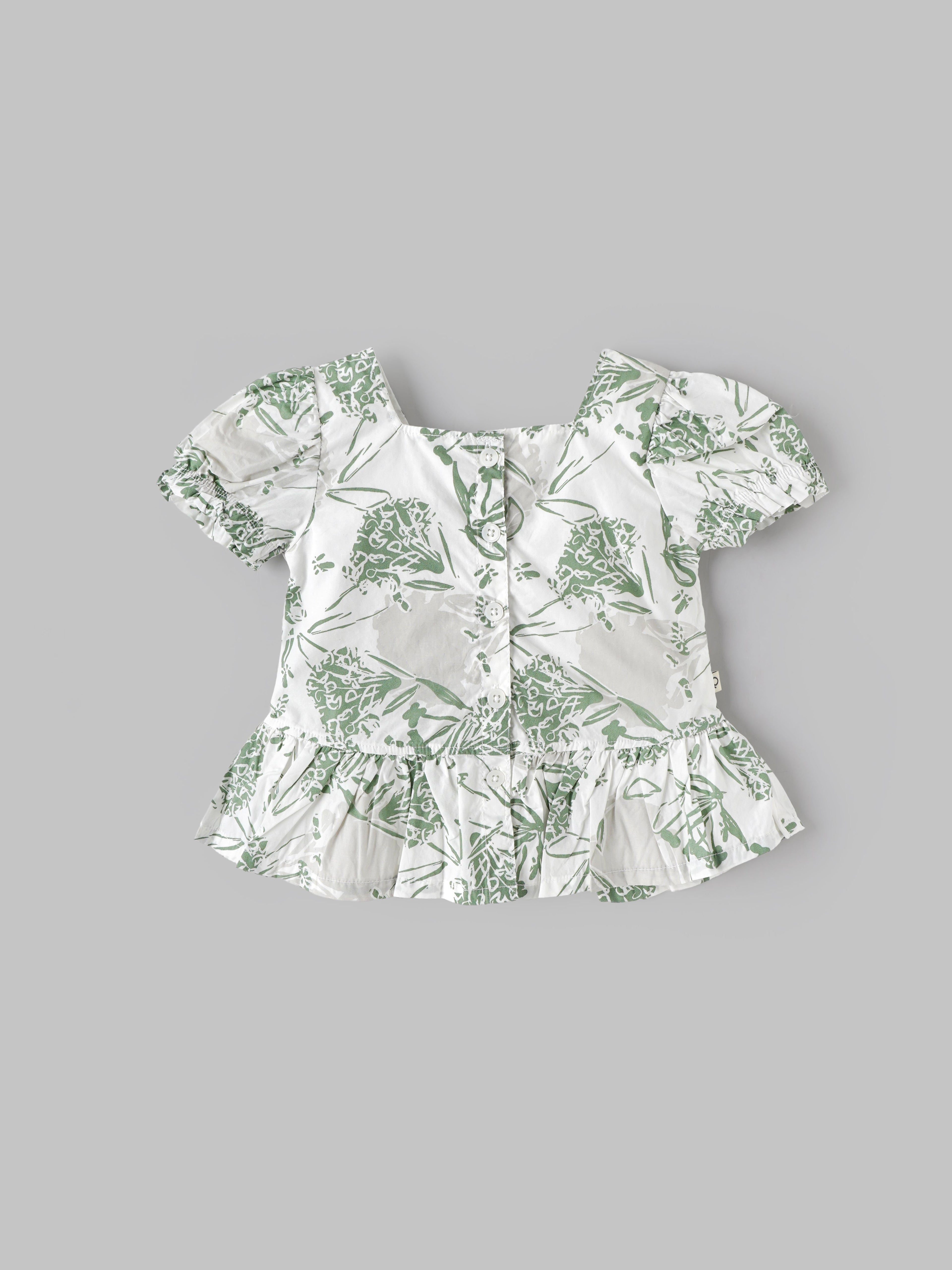 Popees Baby Girls Green Floral Print Peplum Top with Puff Sleeves| 9 Months–4 Years