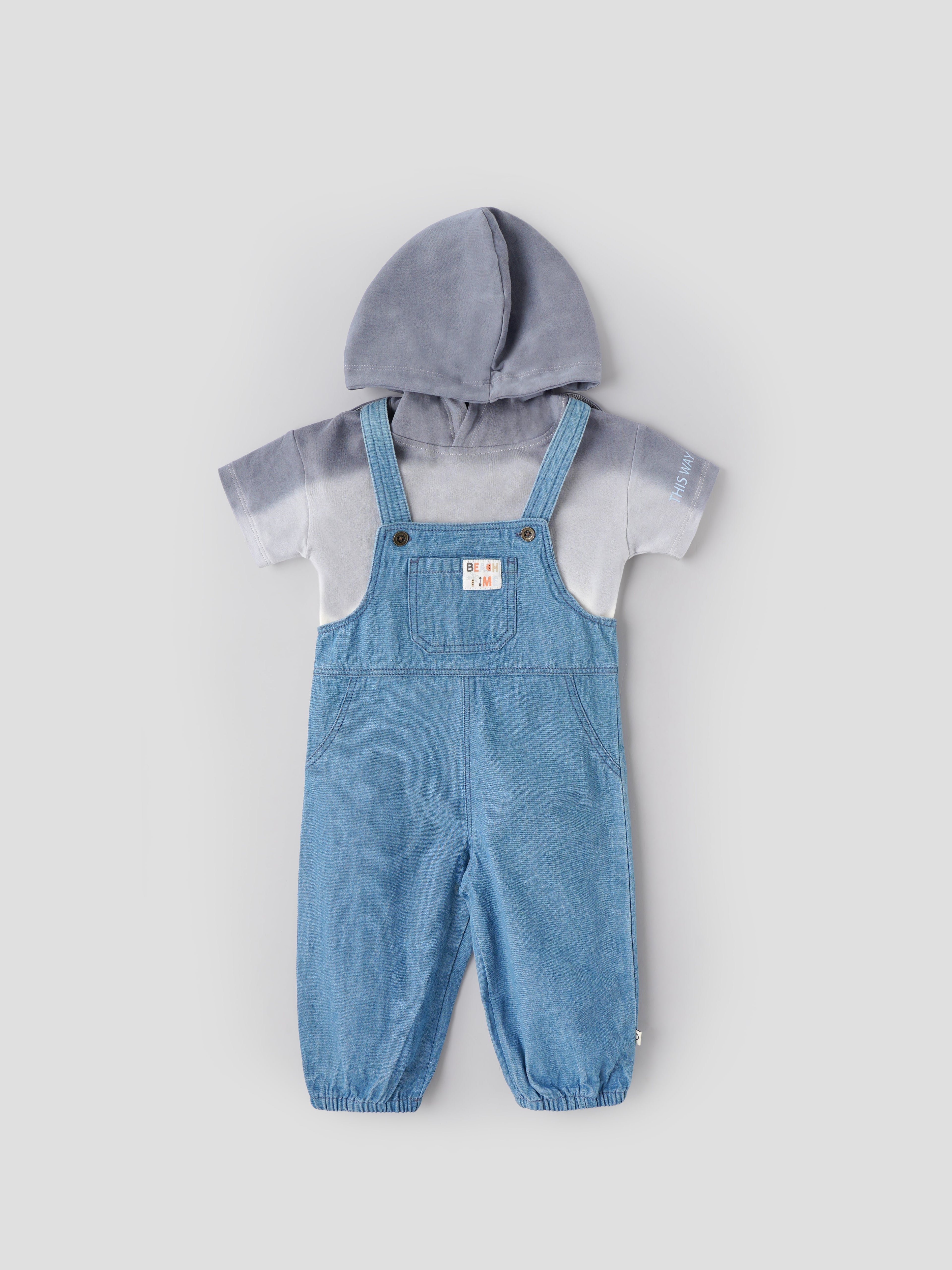 Popees Baby Boys Denim Dungaree Set with Hooded T-Shirt| Blue & Grey| 3-36 Months