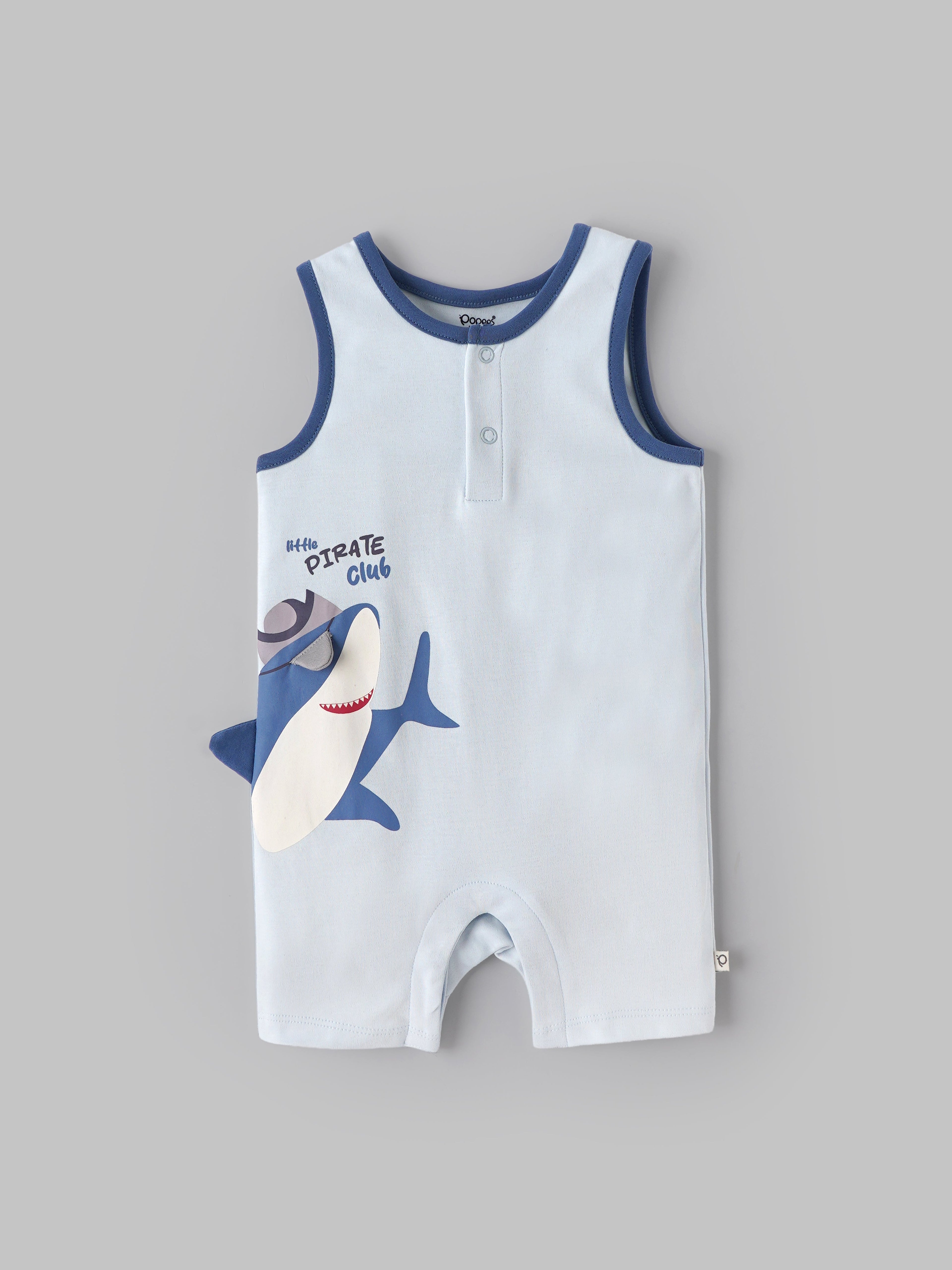 Popees Baby Boys Sleeveless Shark Romper| Light Blue| 3 to 24 Months