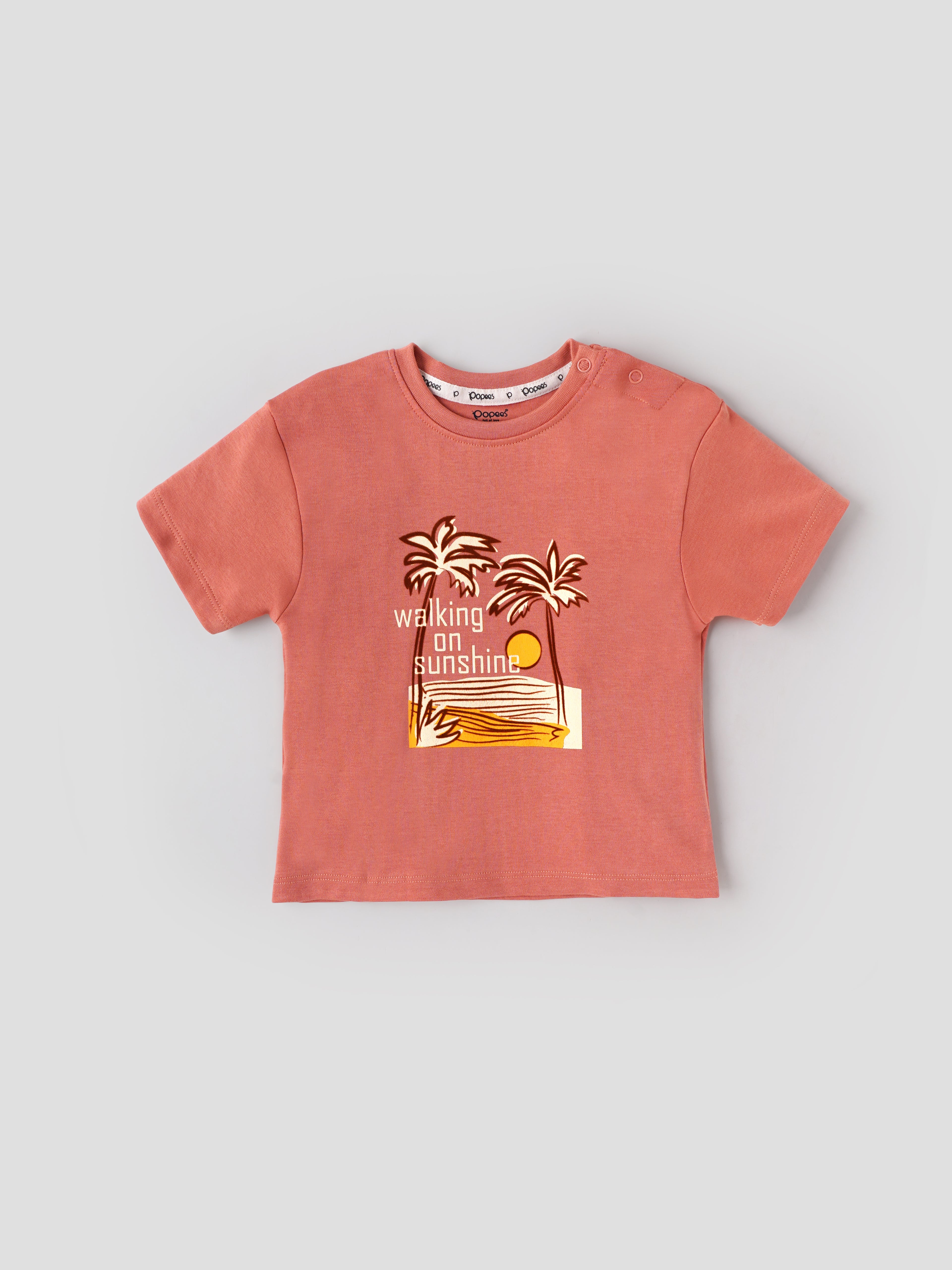 Popees Baby Boys Printed T-Shirt with Shorts Set| Coral & Beige| 3-36 Months