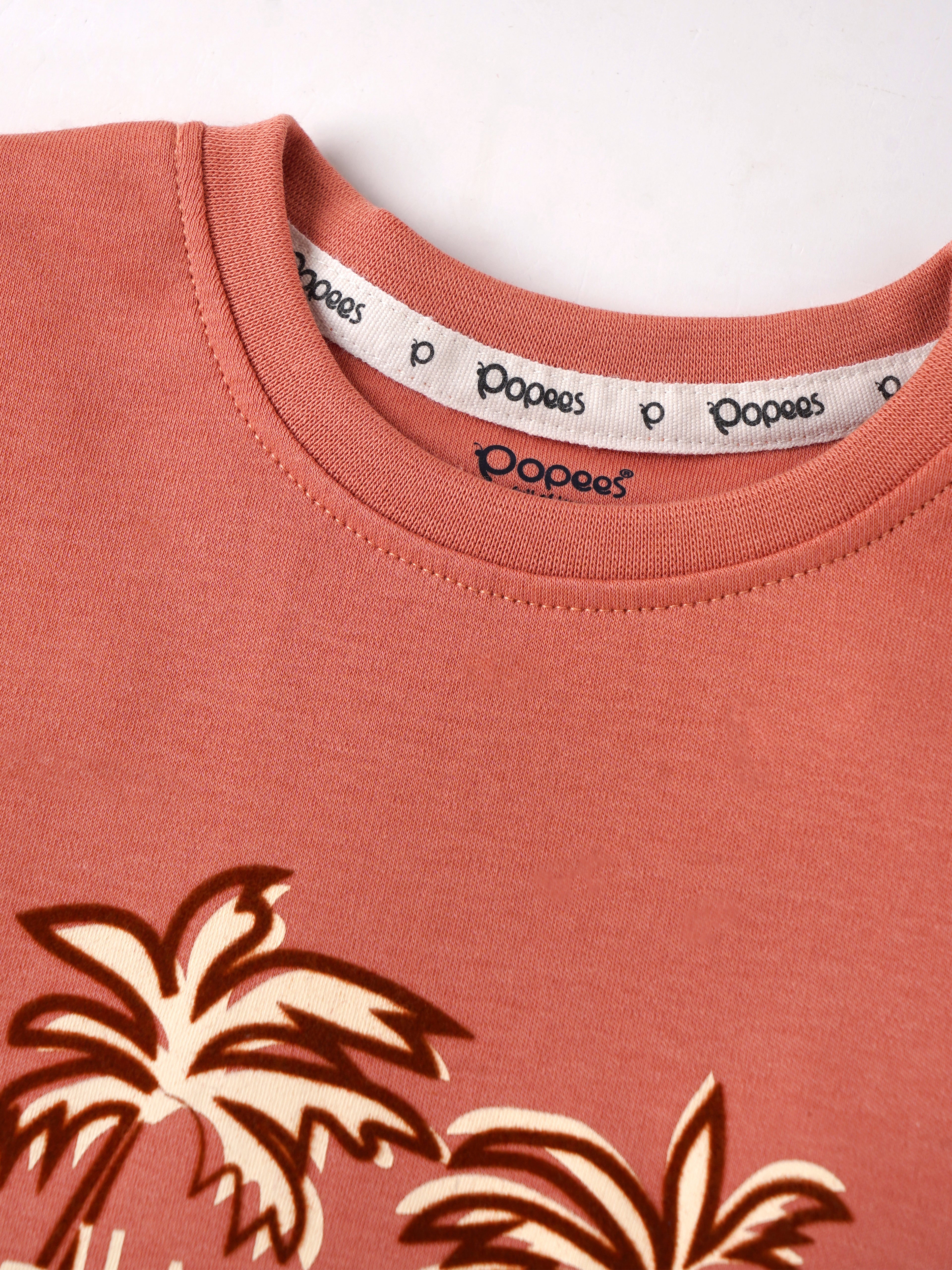 Popees Baby Boys Printed T-Shirt with Shorts Set| Coral & Beige| 3-36 Months