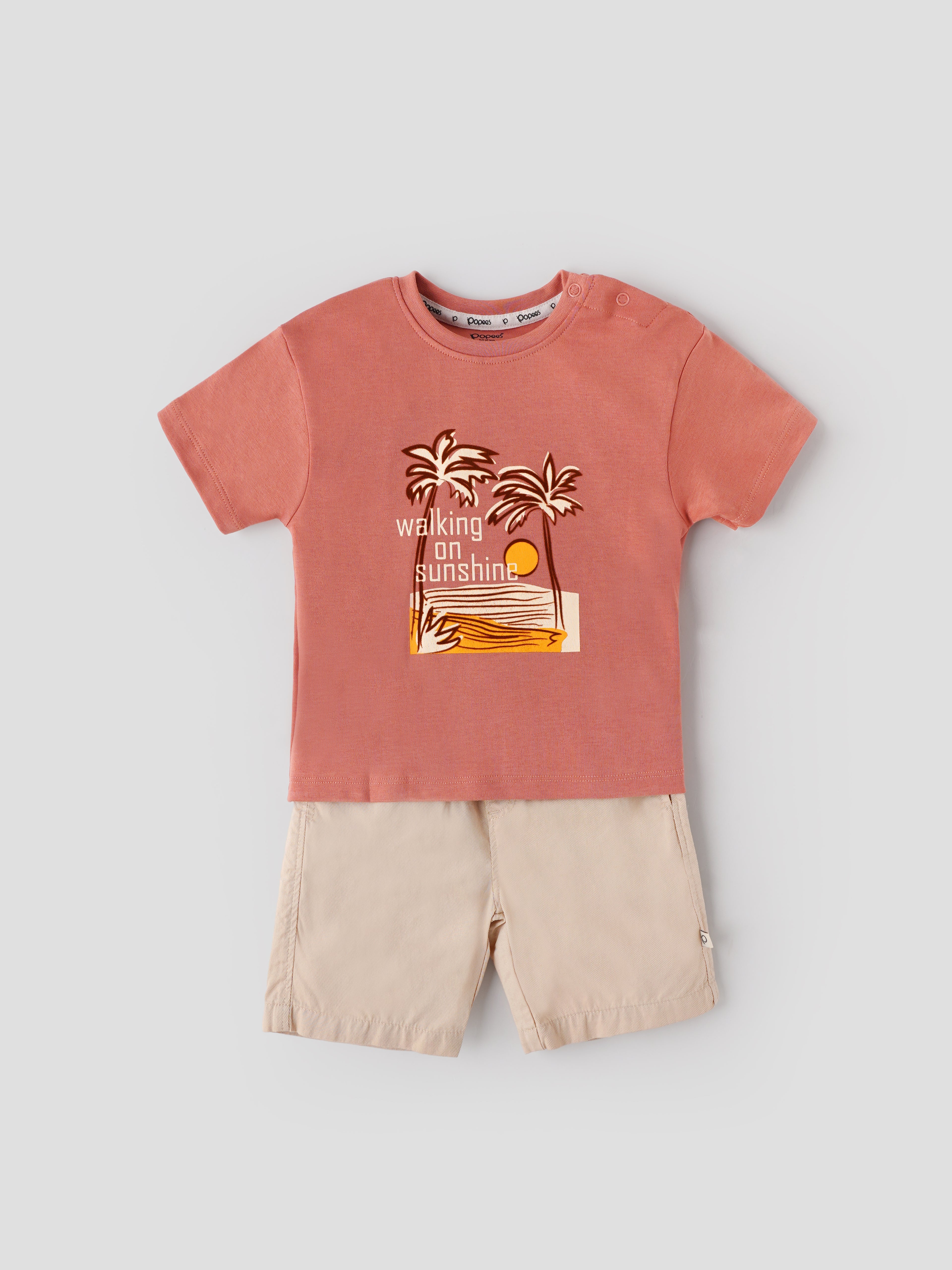Popees Baby Boys Printed T-Shirt with Shorts Set| Coral & Beige| 3-36 Months
