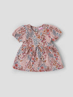 Popees Baby Girls Short Sleeve Floral Print Dress| Dusty Rose| 3-24 Months
