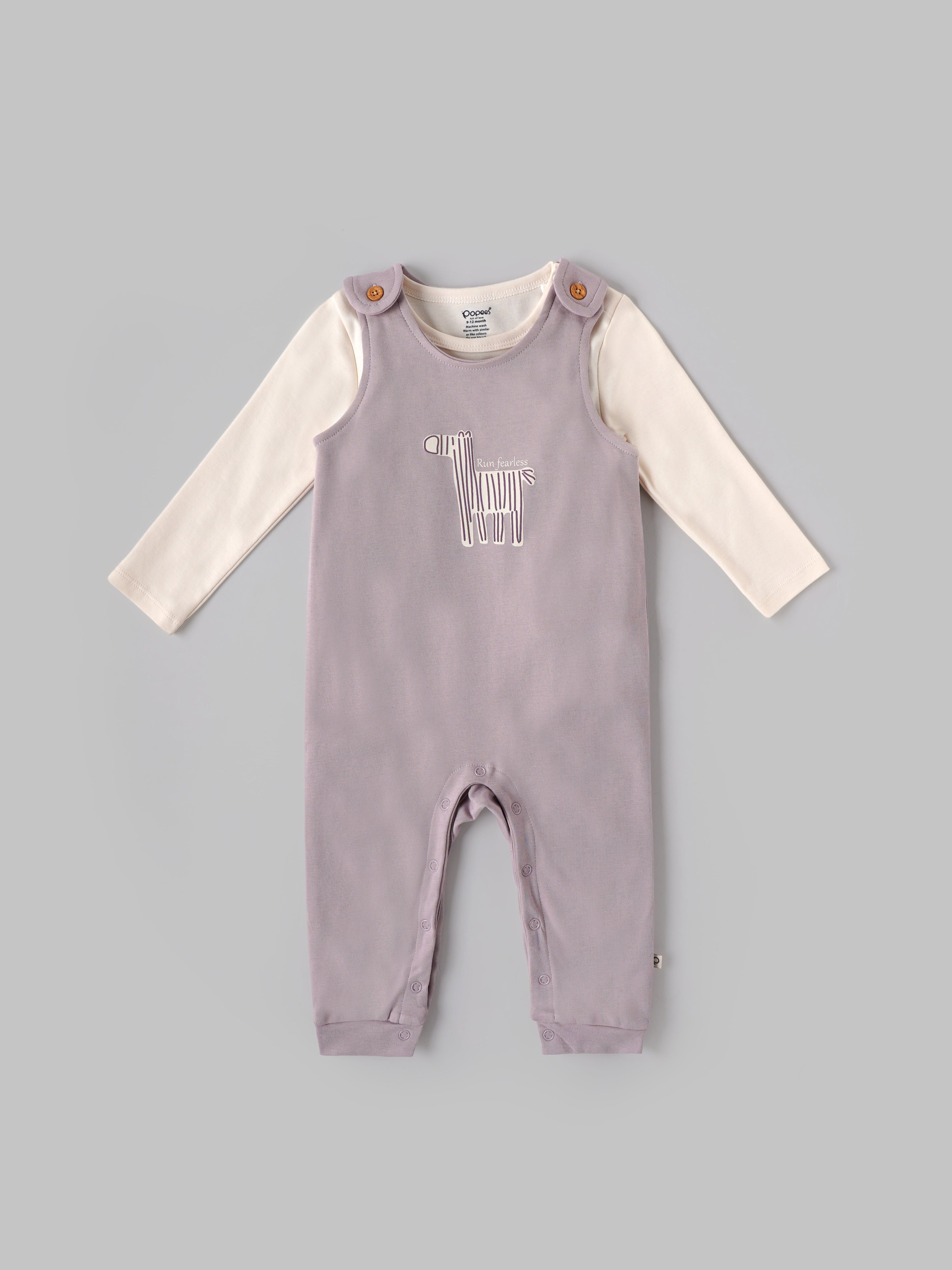 Popees Baby Girls Lavender Dungaree Set with Inner T-Shirt |Cotton Outfit (3M–24M)