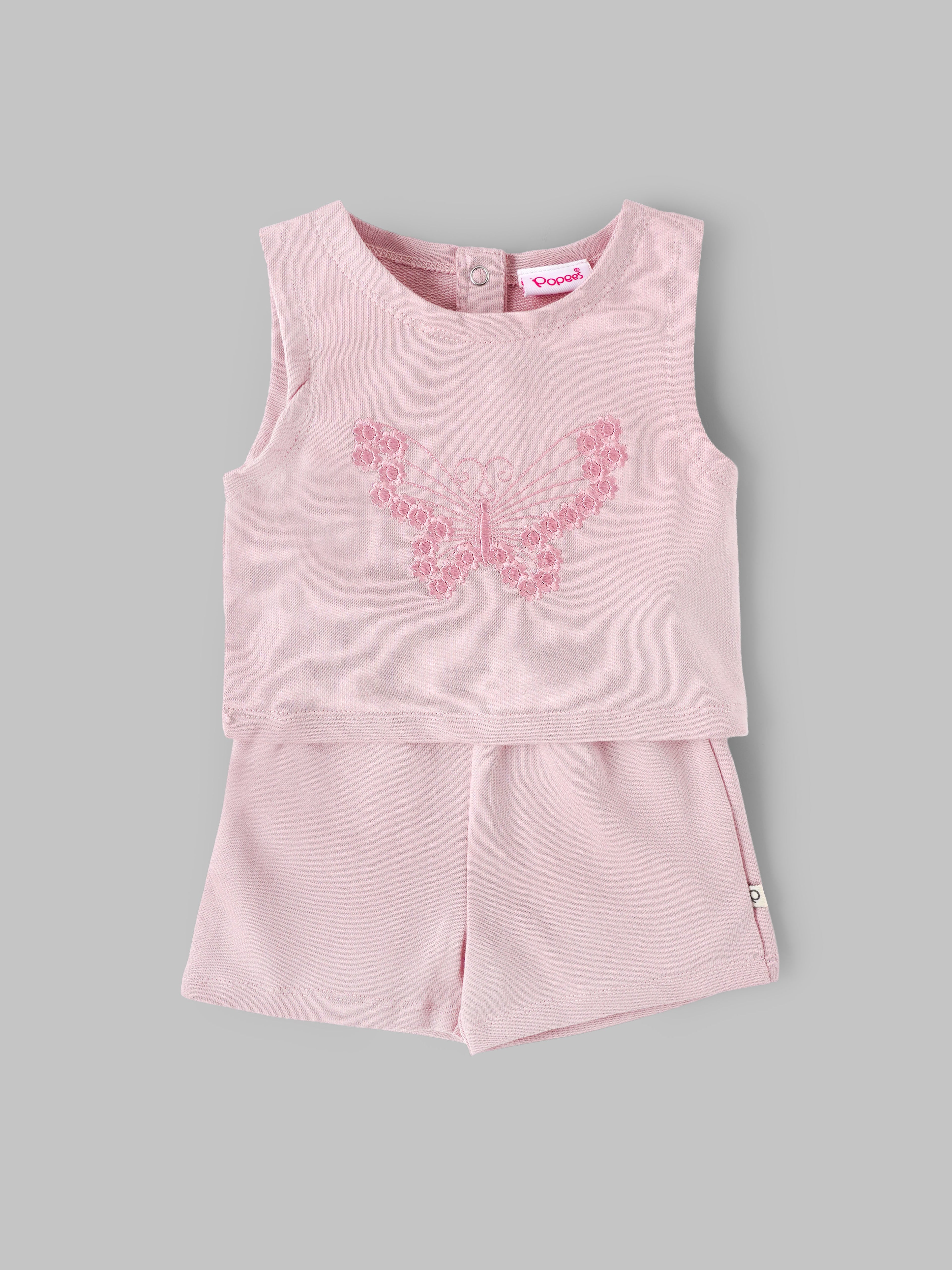 Popees Baby Girls Sleeveless Cotton Top & Shorts Set|Butterfly Embroidery Summer Outfit |3–24 Months