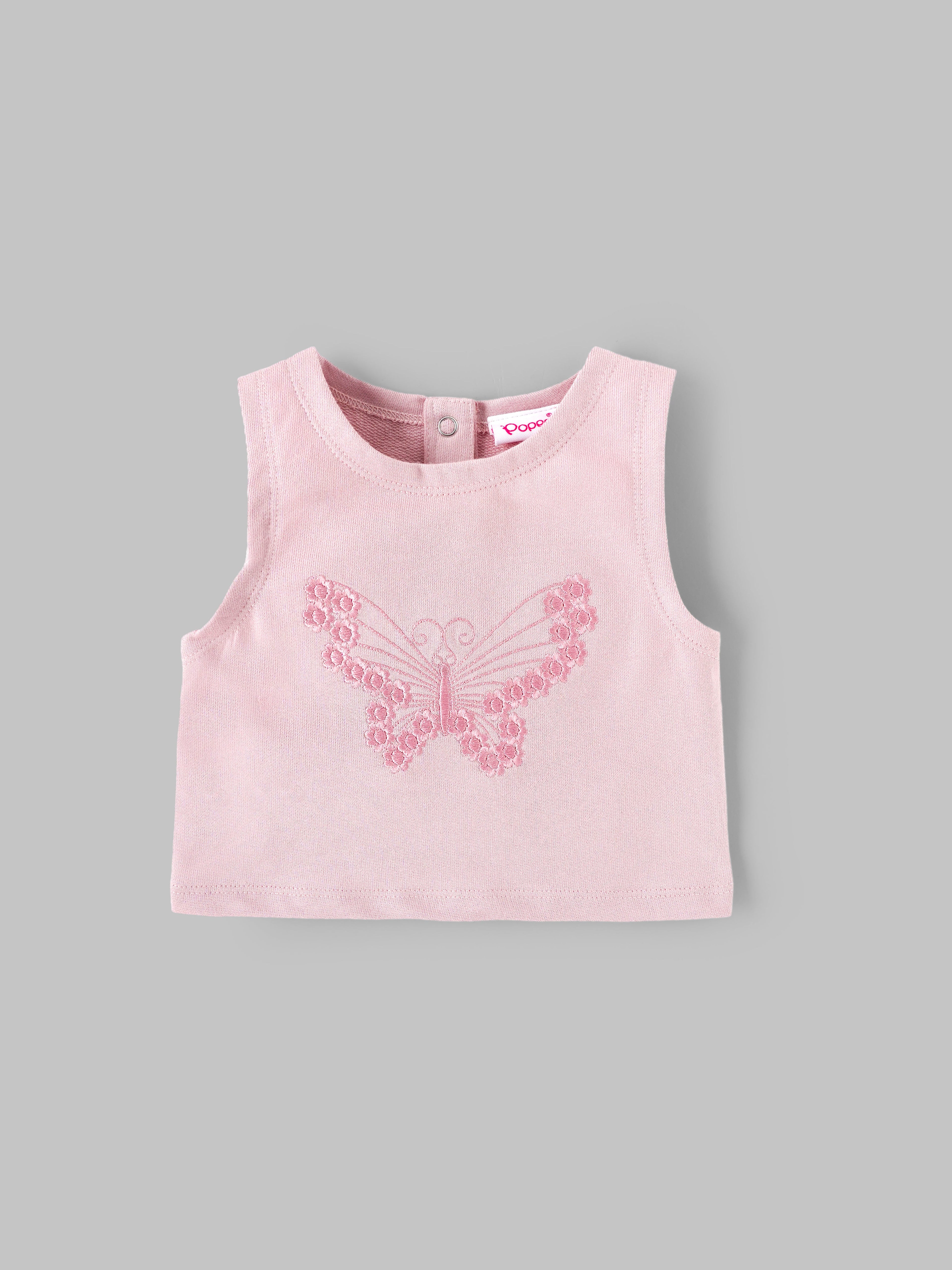 Popees Baby Girls Sleeveless Cotton Top & Shorts Set|Butterfly Embroidery Summer Outfit |3–24 Months