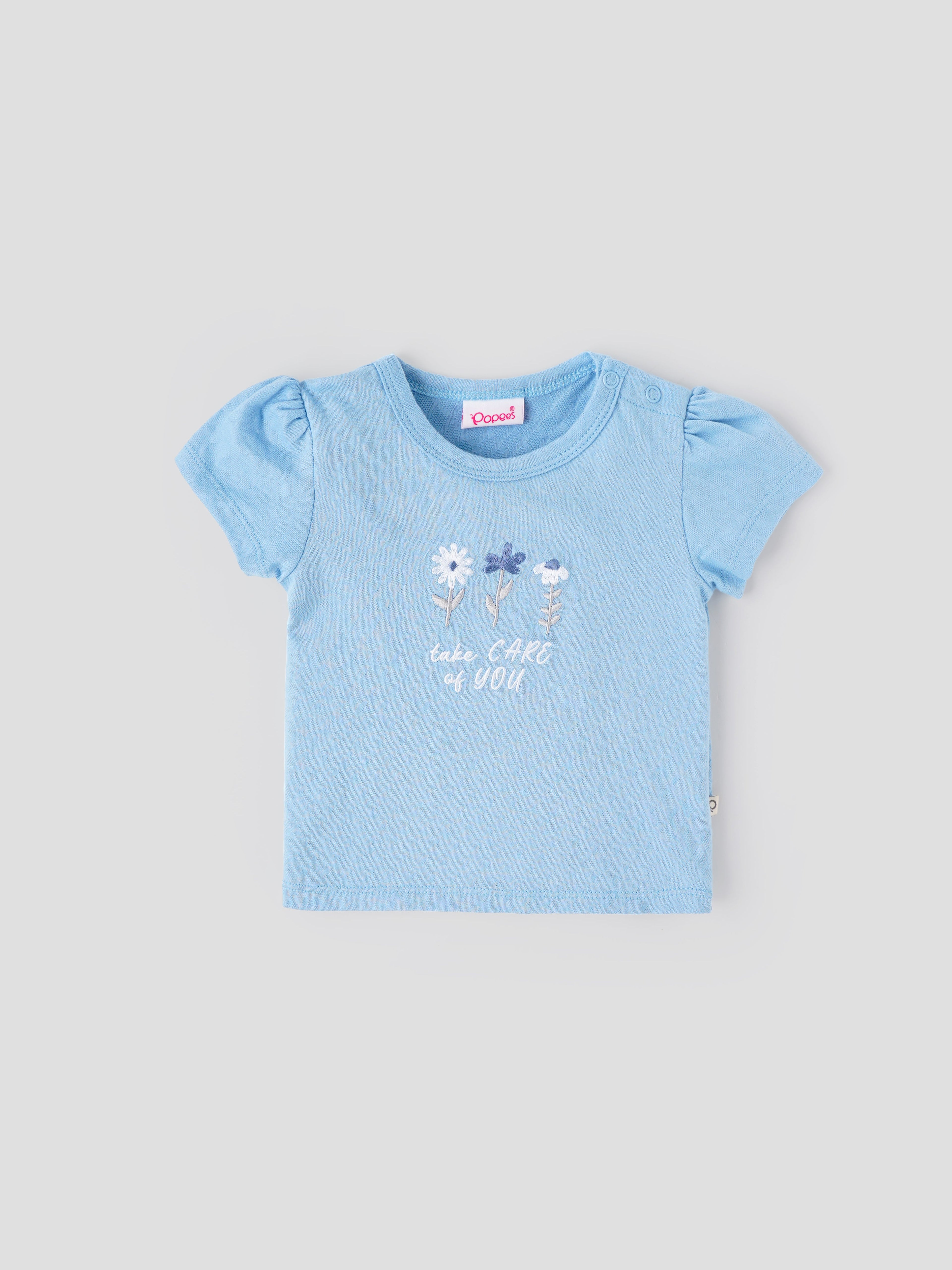 Popees Baby Girls Short Puff Sleeves Cotton Top| Blue| 3-36 Months