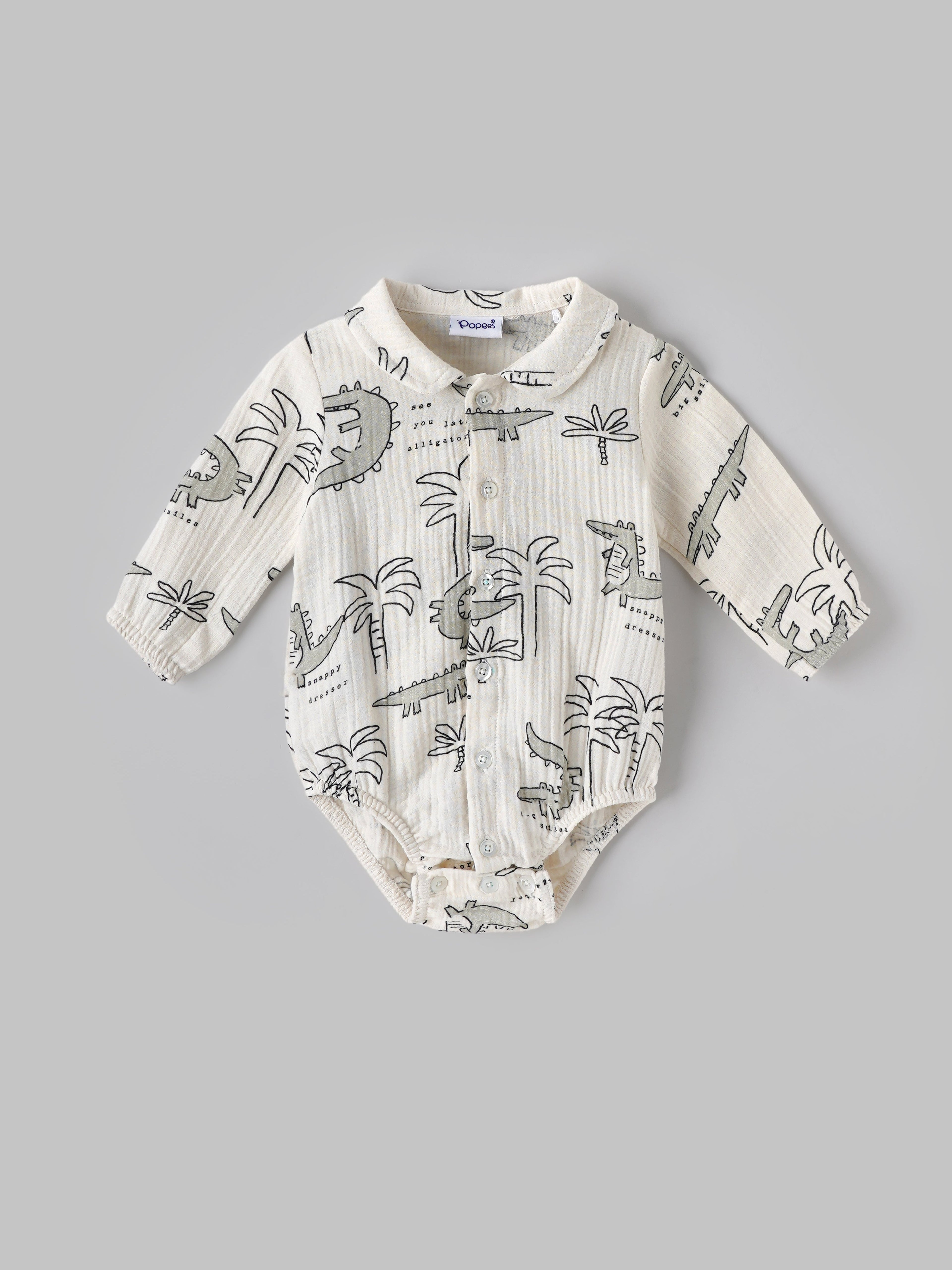 Popees Baby Boys Cotton Bodysuit with Crocodile Print| Off-White| Newborn-9 Months