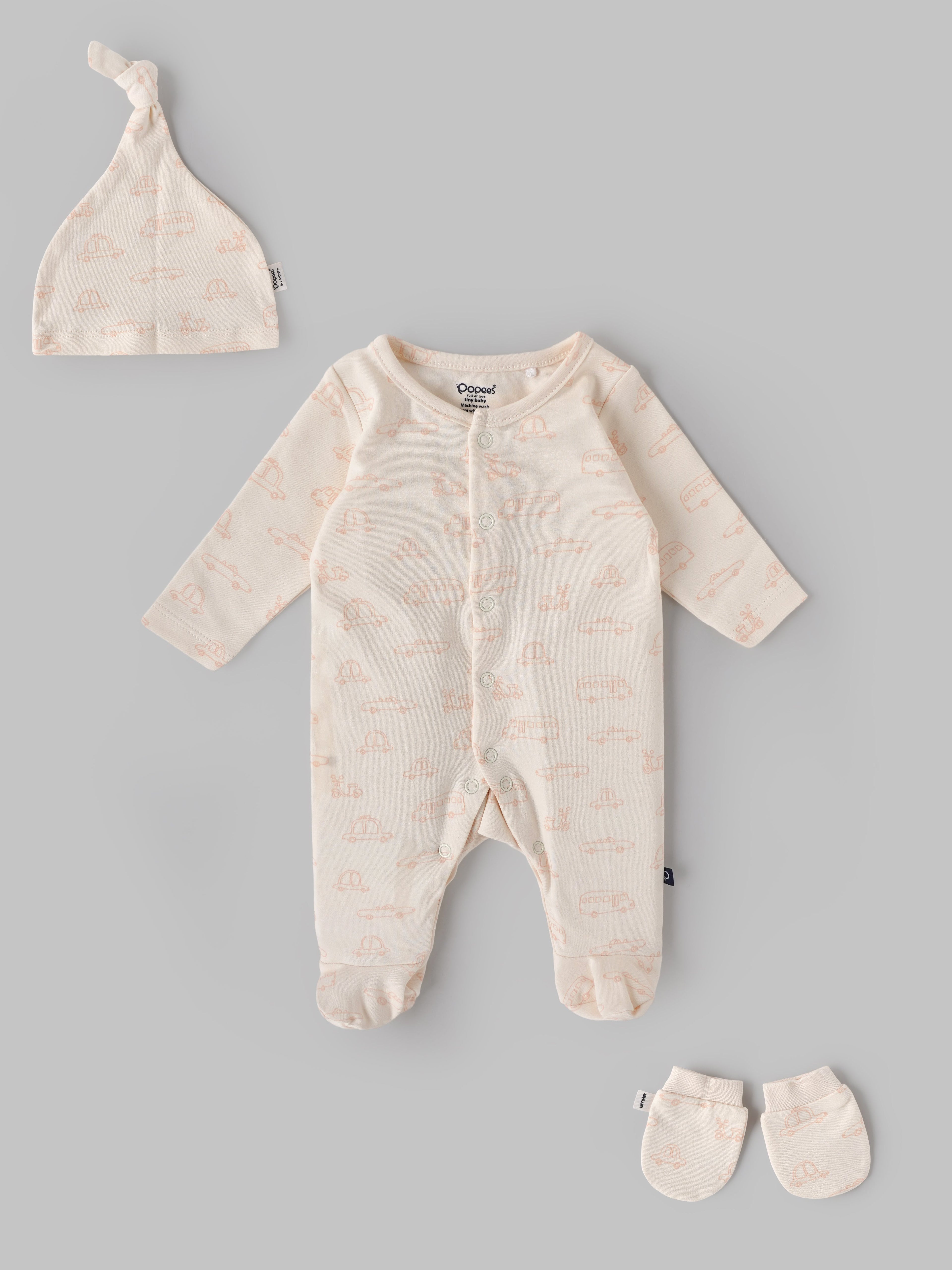Popees Baby Vehicle Print Cotton Sleepsuit Set |Footed Romper with Cap & Mittens (Tiny Baby, New Born–6M)