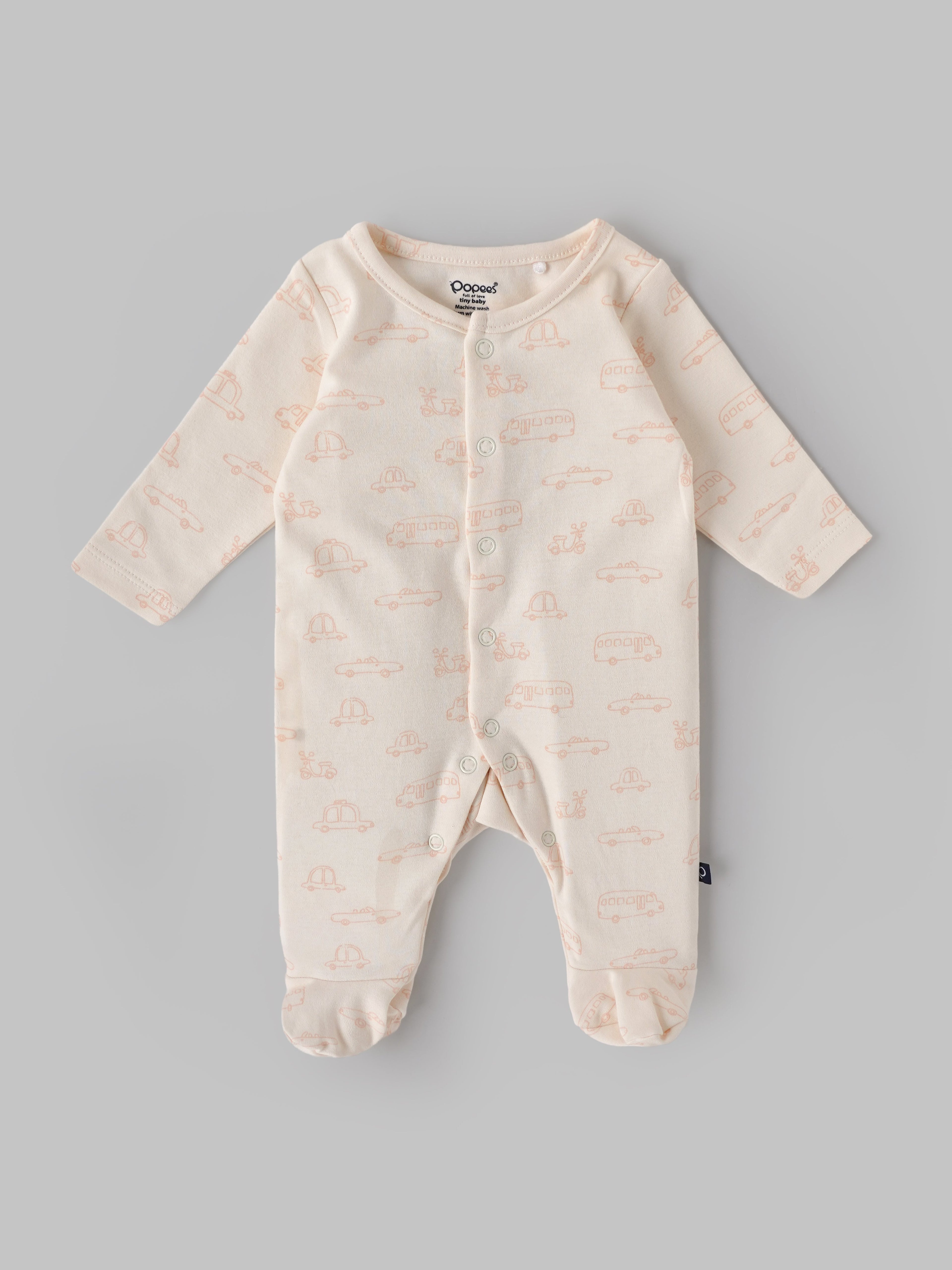 Popees Baby Vehicle Print Cotton Sleepsuit Set |Footed Romper with Cap & Mittens (Tiny Baby, New Born–6M)