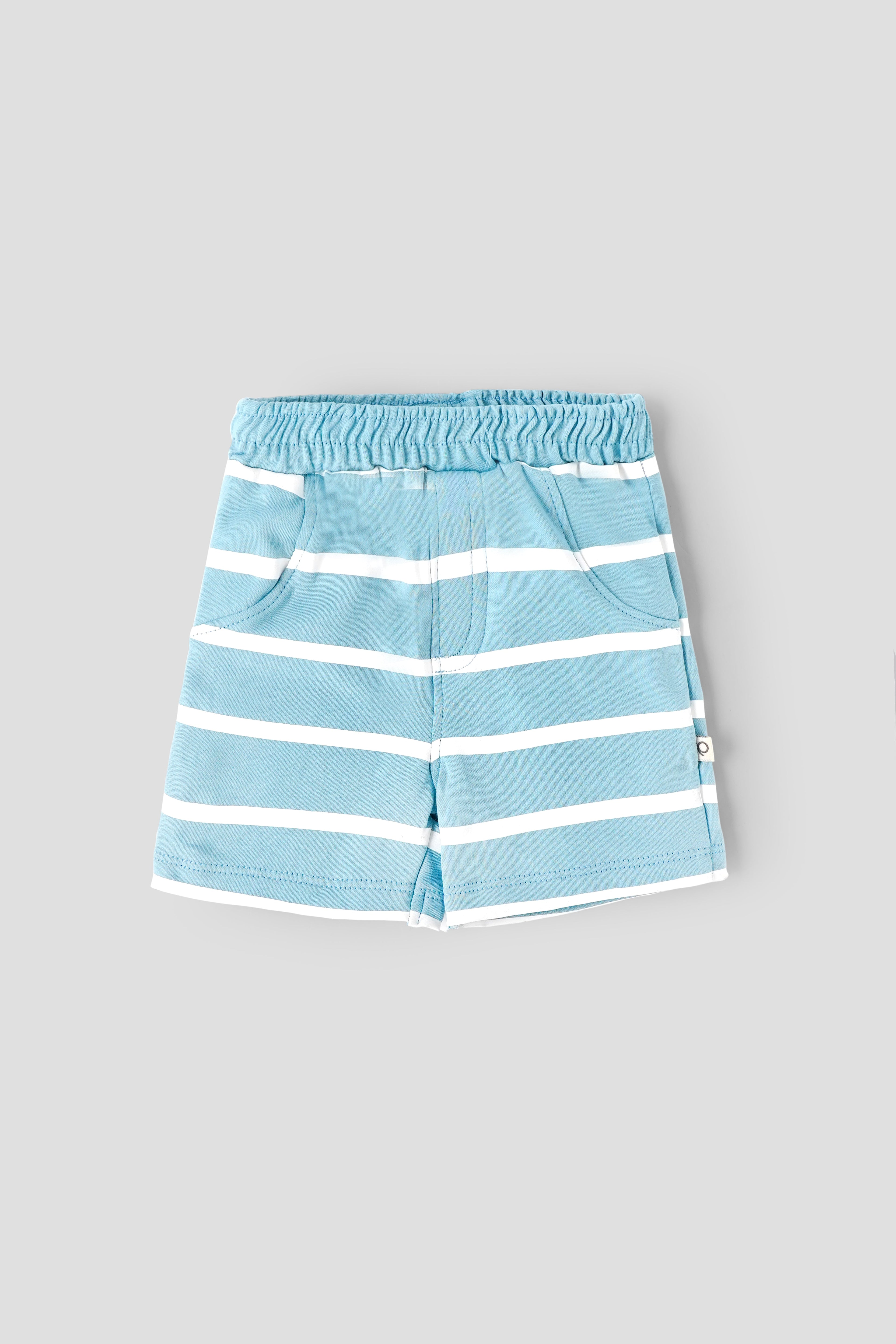 Popees Baby Boys Blue & White Striped Cotton Shorts with Elastic Waist |Soft Breathable Summer Wear| Newborn to 9 Months