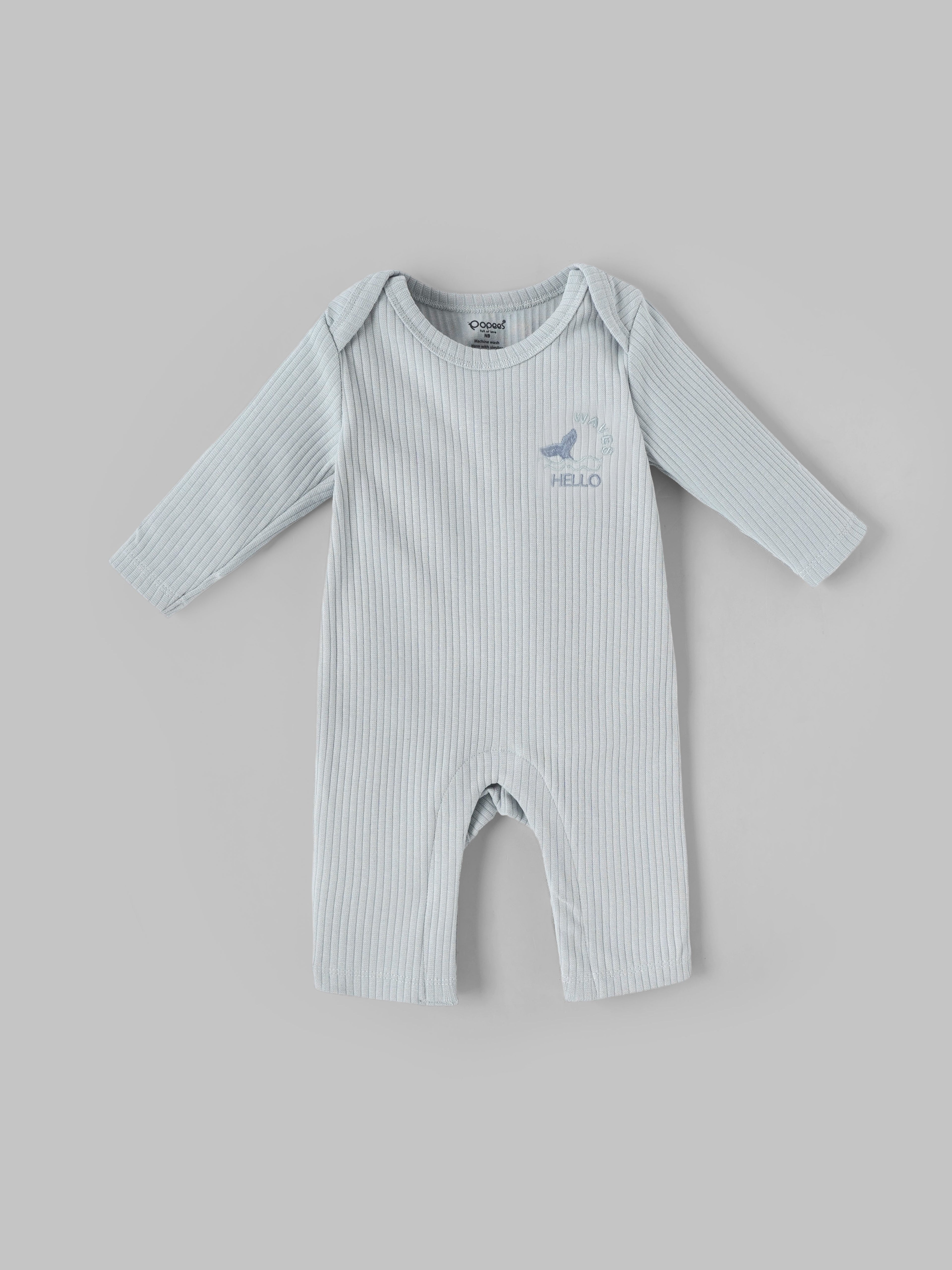 Popees Baby Boys Ribbed Cotton Full Sleeve Romper with Embroidery| Tiny Baby, Newborn-6 Months