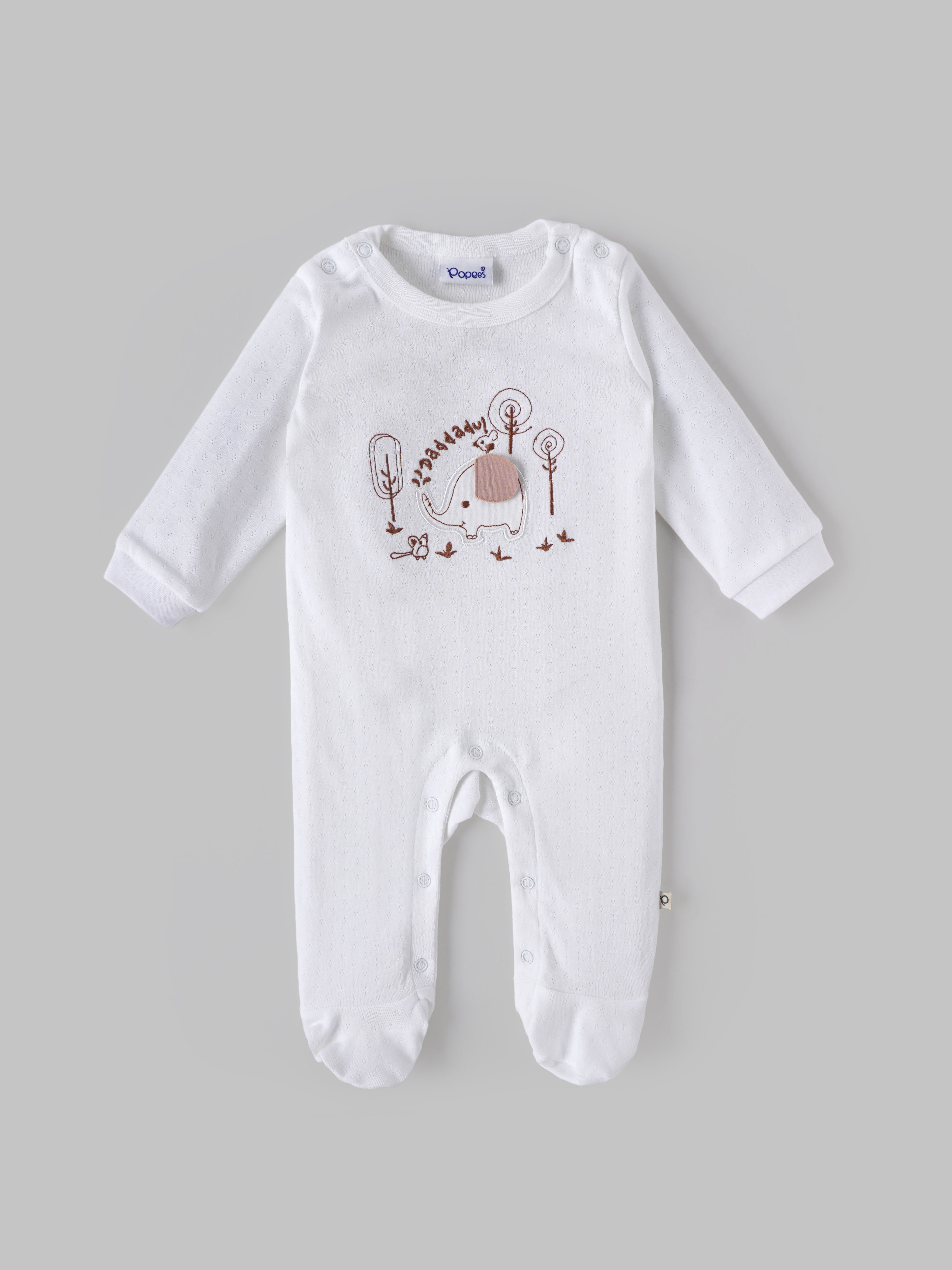 Popees Baby Boys Cotton Sleepsuit with Elephant Embroidery|Full Sleeve Footed Sleepsuit, Soft Newborn Sleepsuit |Newborn–9 Months