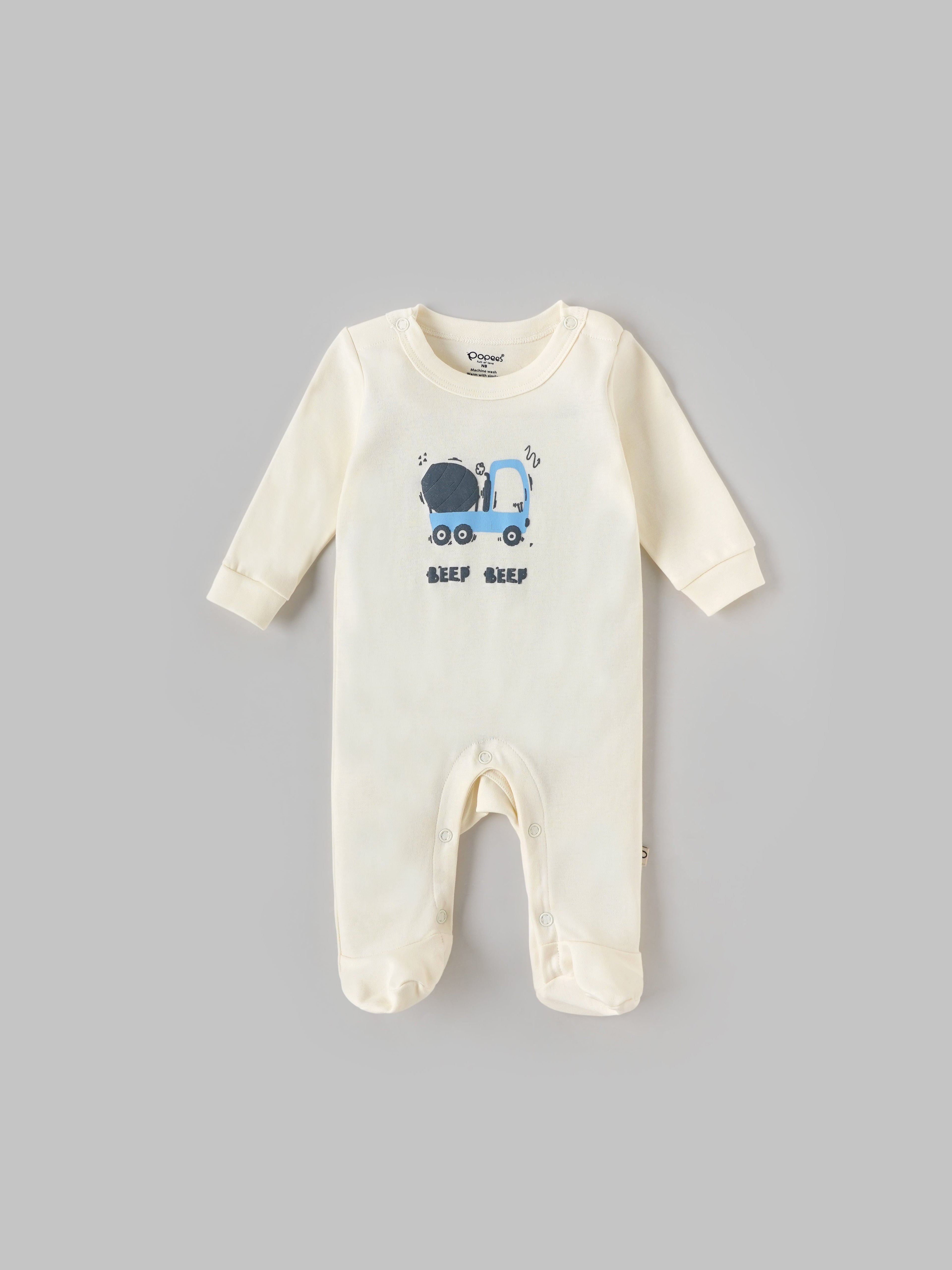 Popees Full-Sleeve Front Open Chest Printed Sleepsuit (0–6 Months) for New Boys