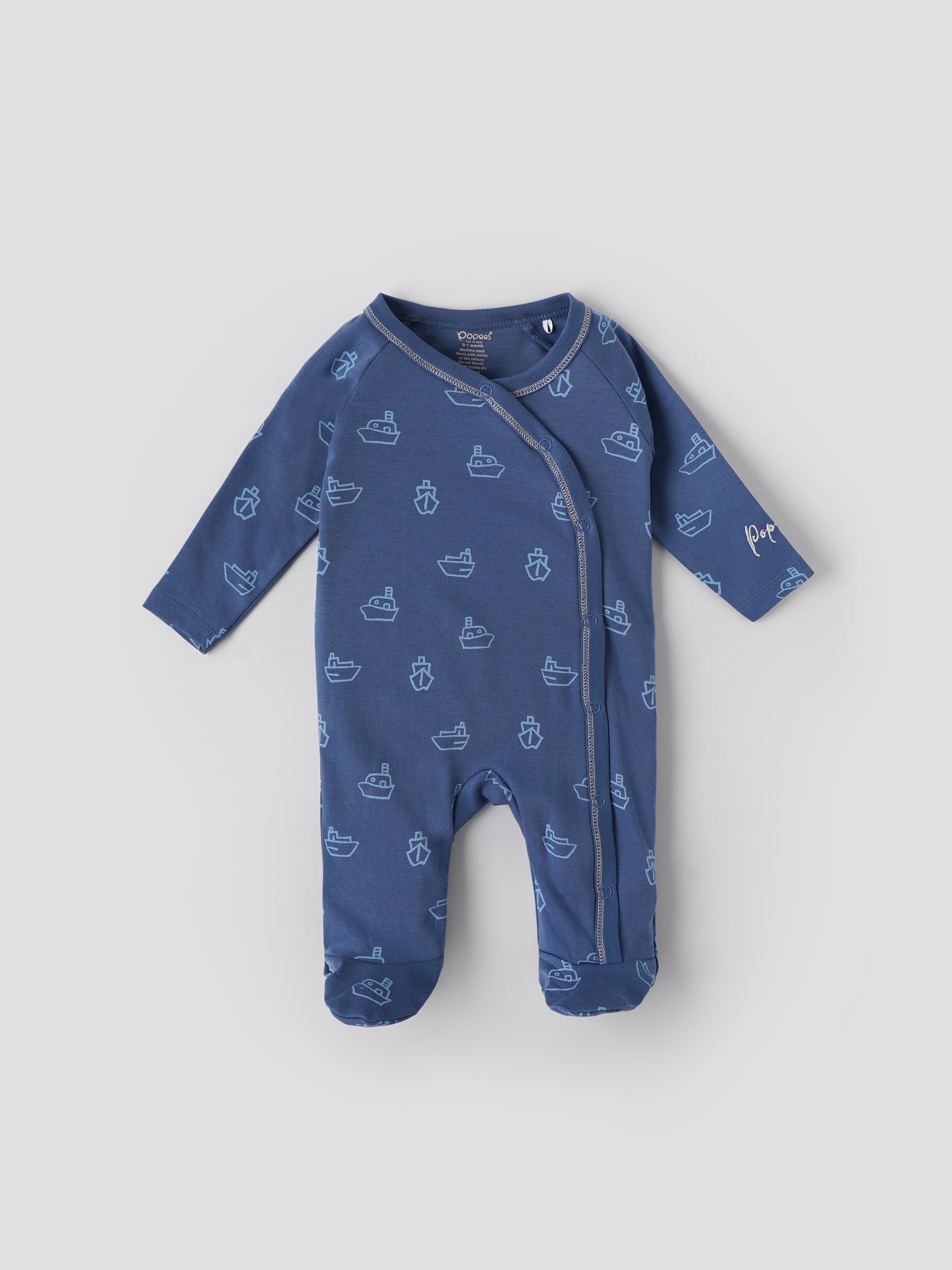 Popees Baby Boys Full Sleeve Sleepsuit| Navy Blue| Tiny Baby, Newborn -6 Months