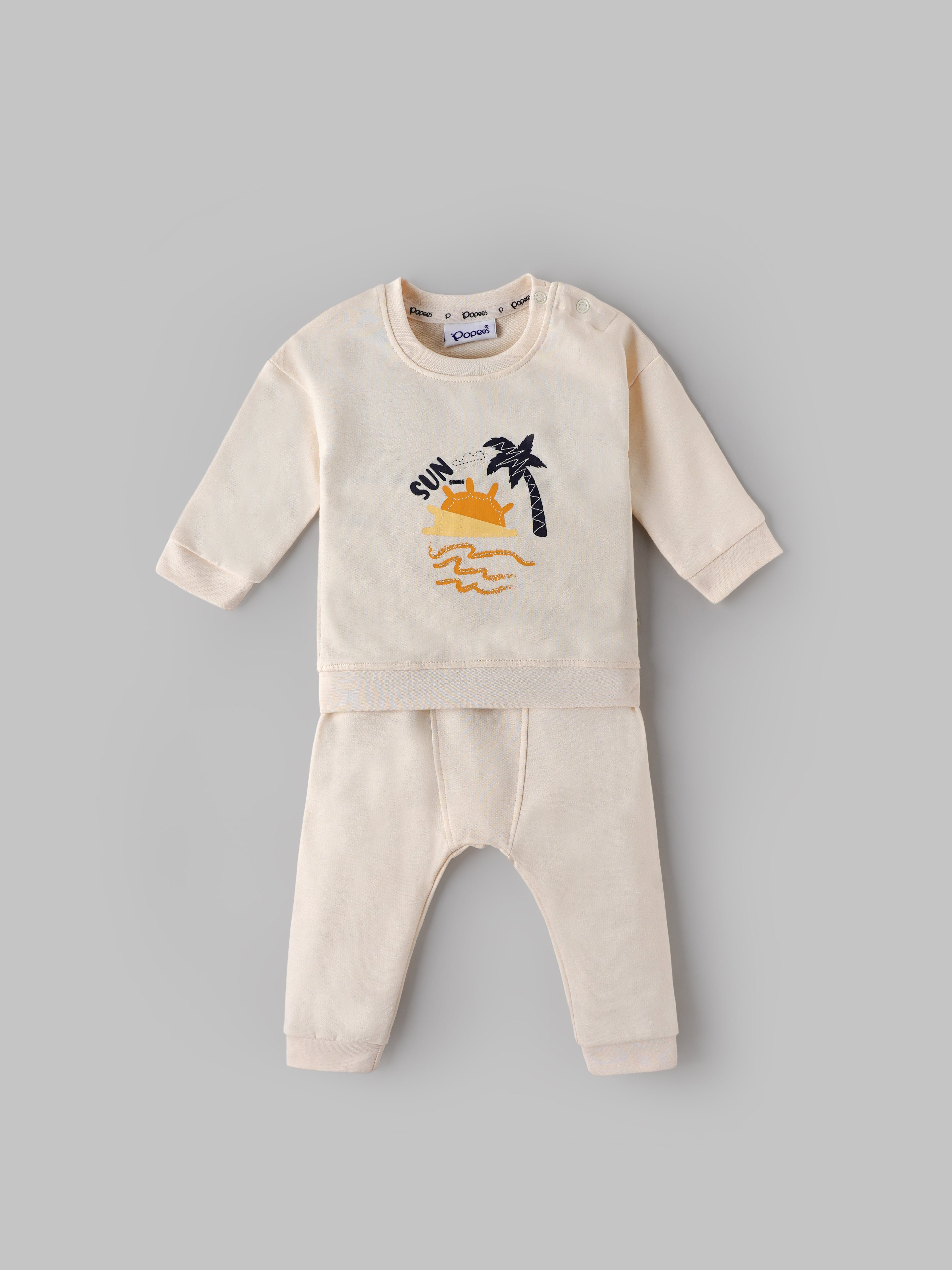 Popees Baby Boys Full Sleeves Cotton Co-ord Set| Cream| Newborn To 9 Months