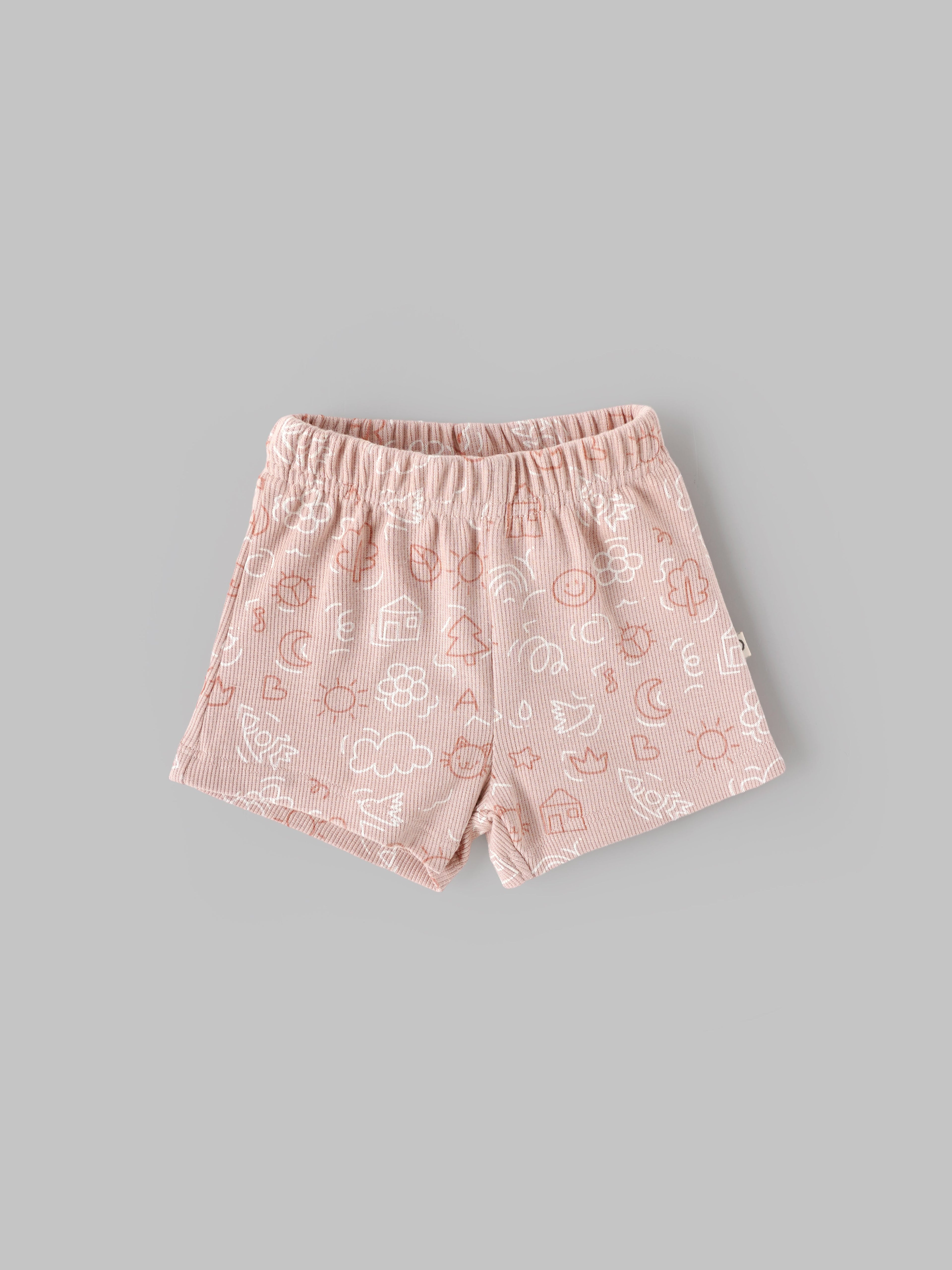 Popees Baby Girls Ribbed Cotton Printed Shorts|Soft Doodle Print Pull-On Shorts (Newborn–9 Months)