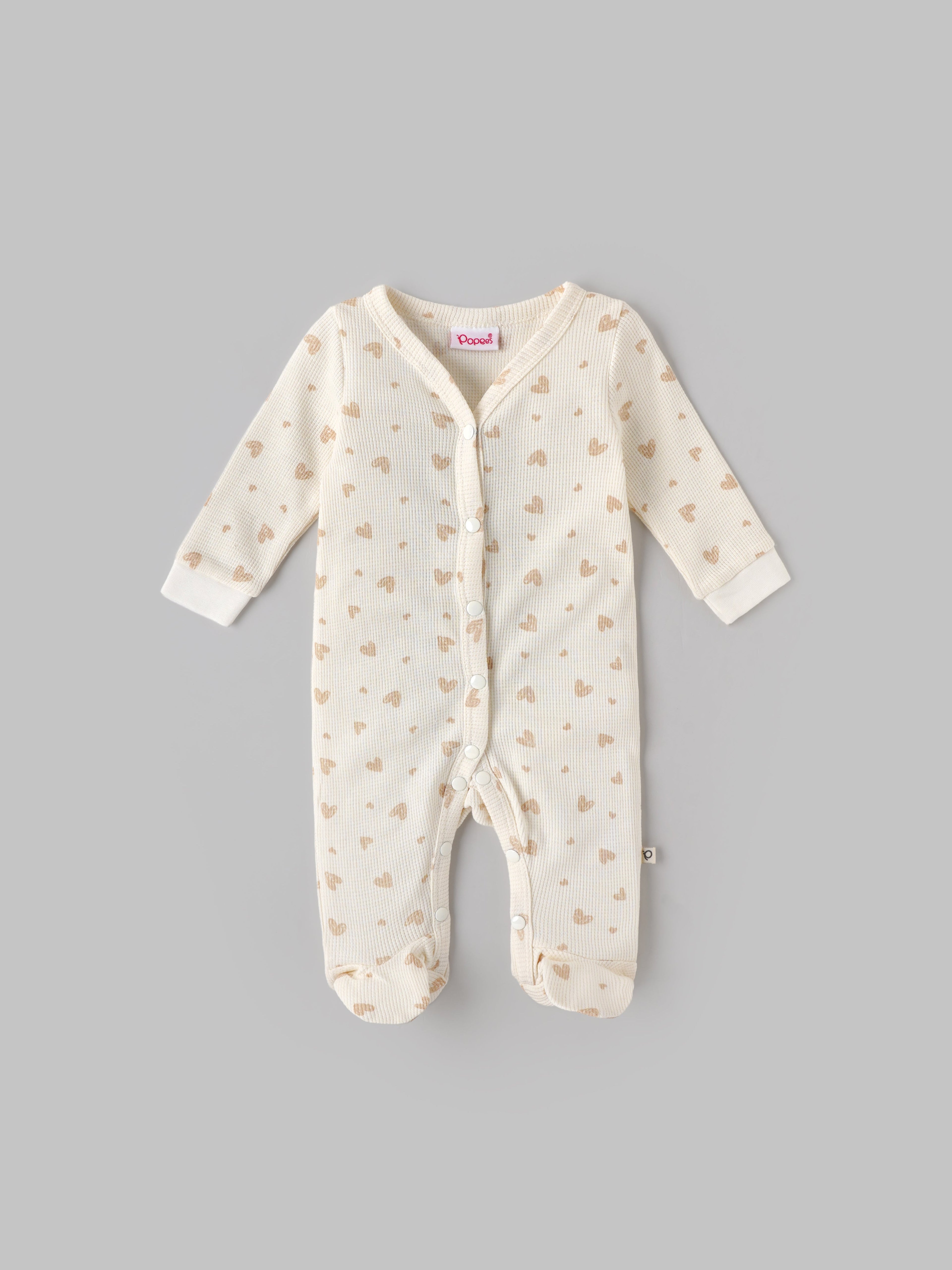 Popees Baby Girls Heart Print Cotton Sleepsuit| Cream| Tiny Baby To 6 Months
