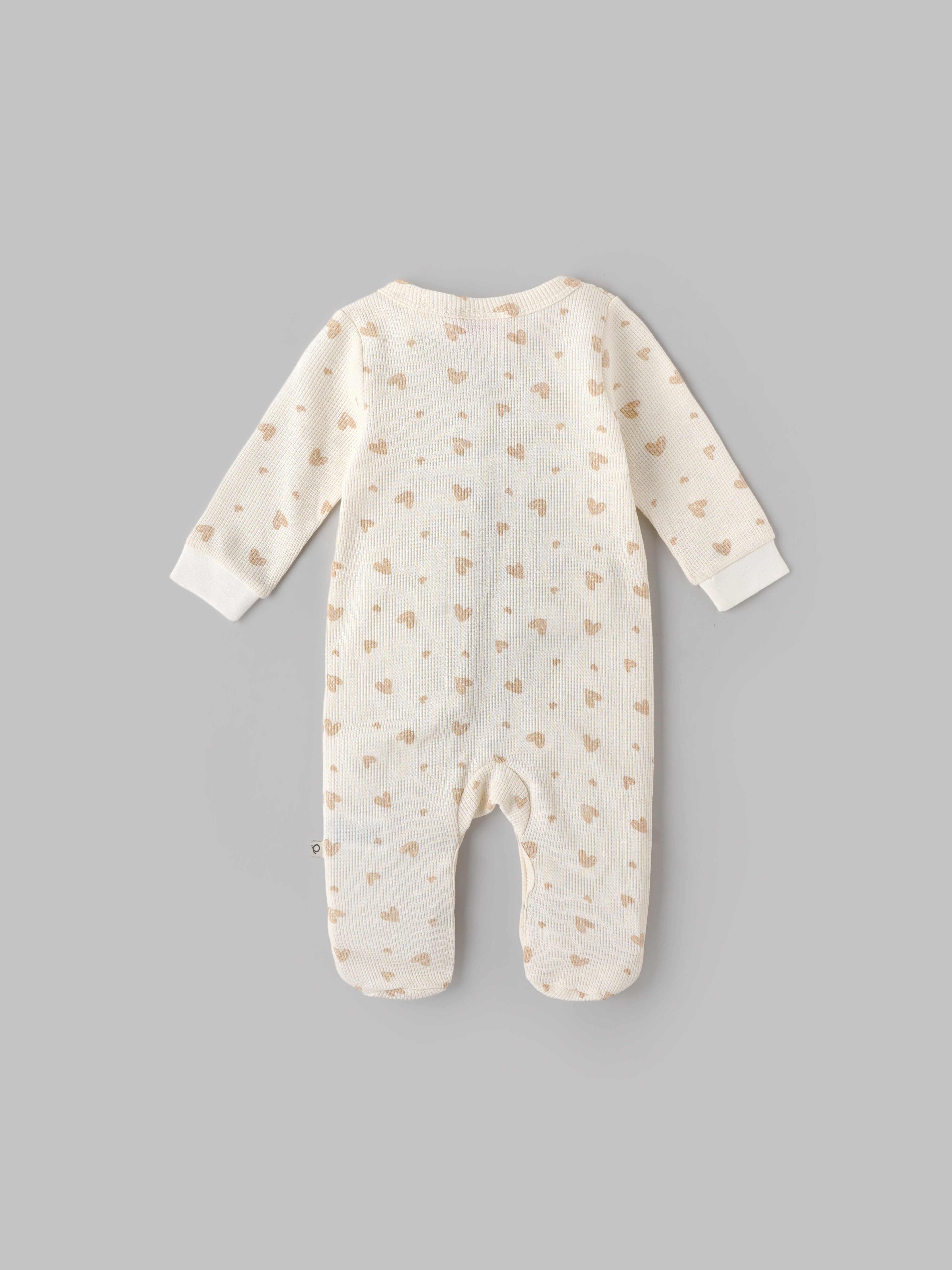 Popees Baby Girls Heart Print Cotton Sleepsuit| Cream| Tiny Baby To 6 Months
