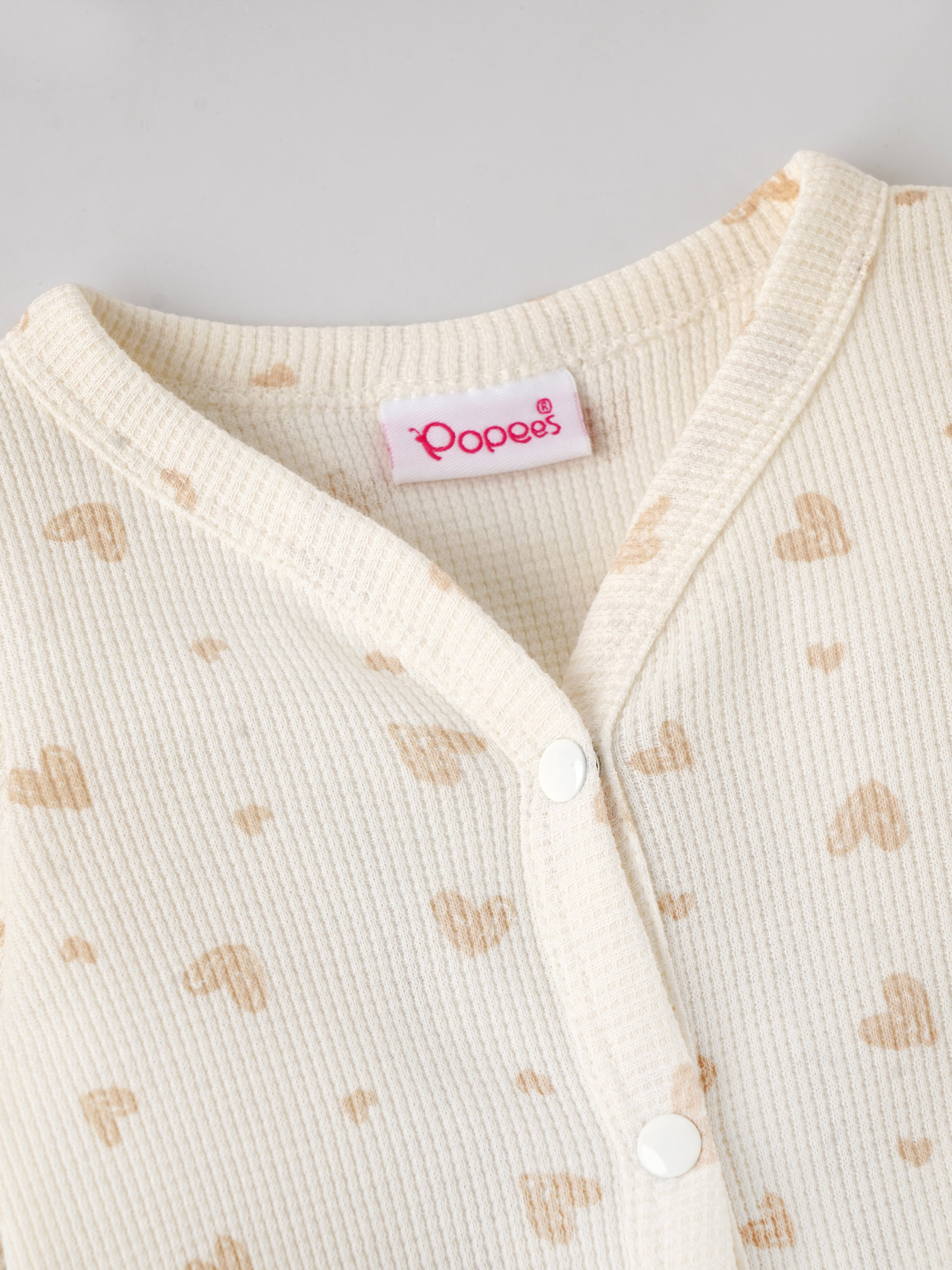 Popees Baby Girls Heart Print Cotton Sleepsuit| Cream| Tiny Baby To 6 Months
