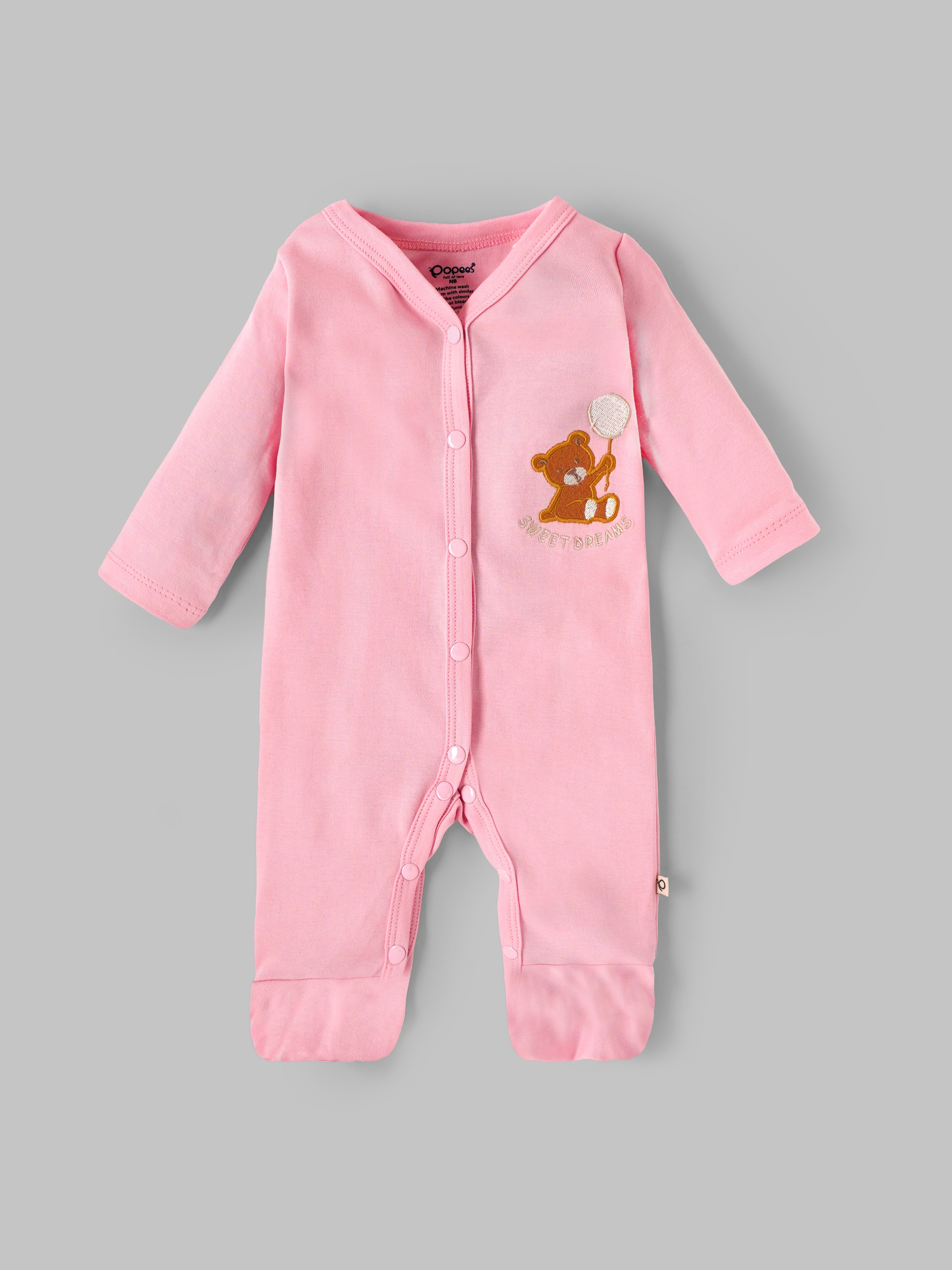Popees Baby Girls Pink Cotton Footed Sleepsuit (Tiny Baby, Newborn–6 Months)