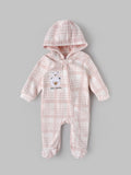 Popees Baby Girls Pink Hooded Fleece Sleepsuit|Bear Embroidery Winter Footed Romper for Newborn to 9 Months